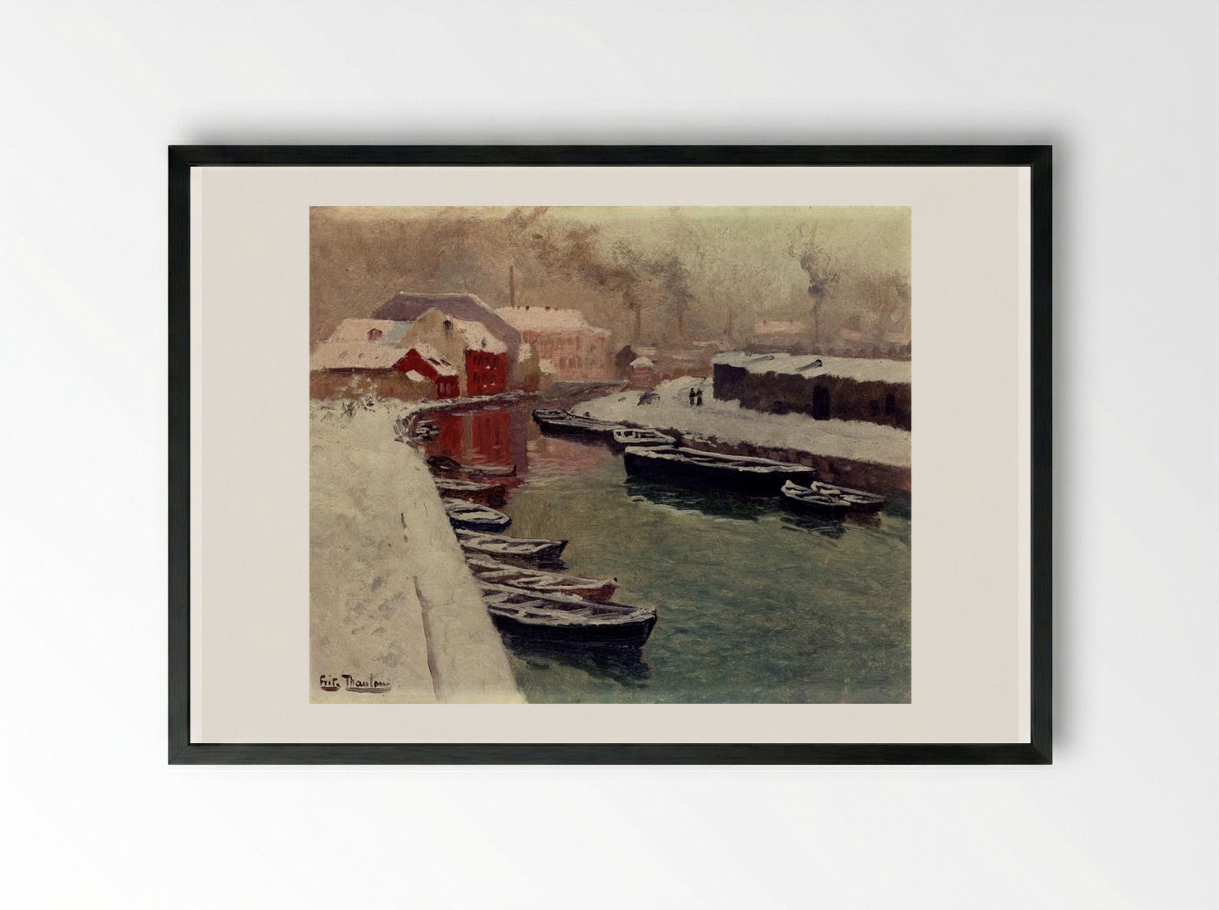 A Snowy Harbor View - Frits Thaulow - Framed Print Black