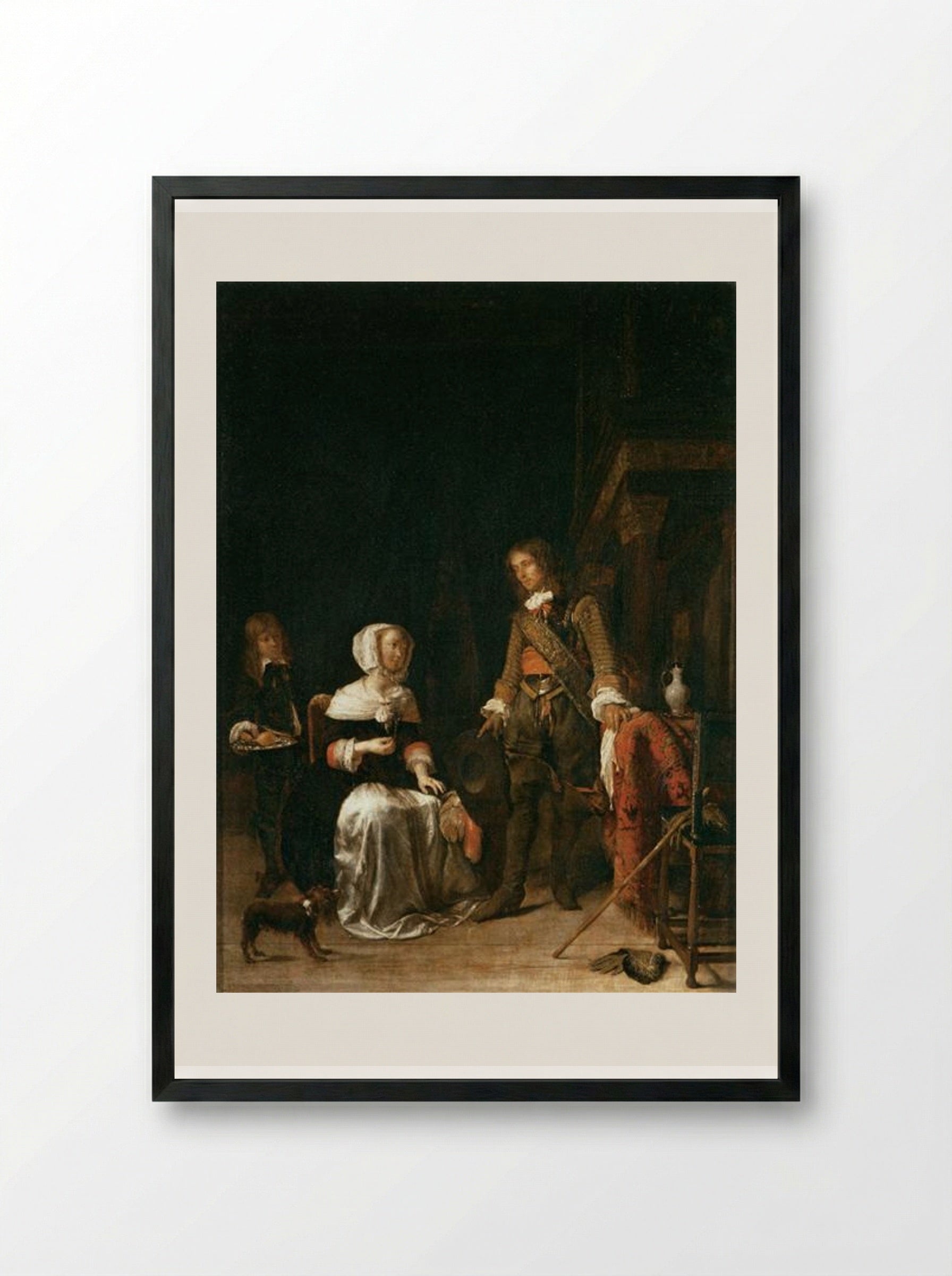 A Soldier Visiting a Young Lady - Gabriel Metsu - Framed Print Black