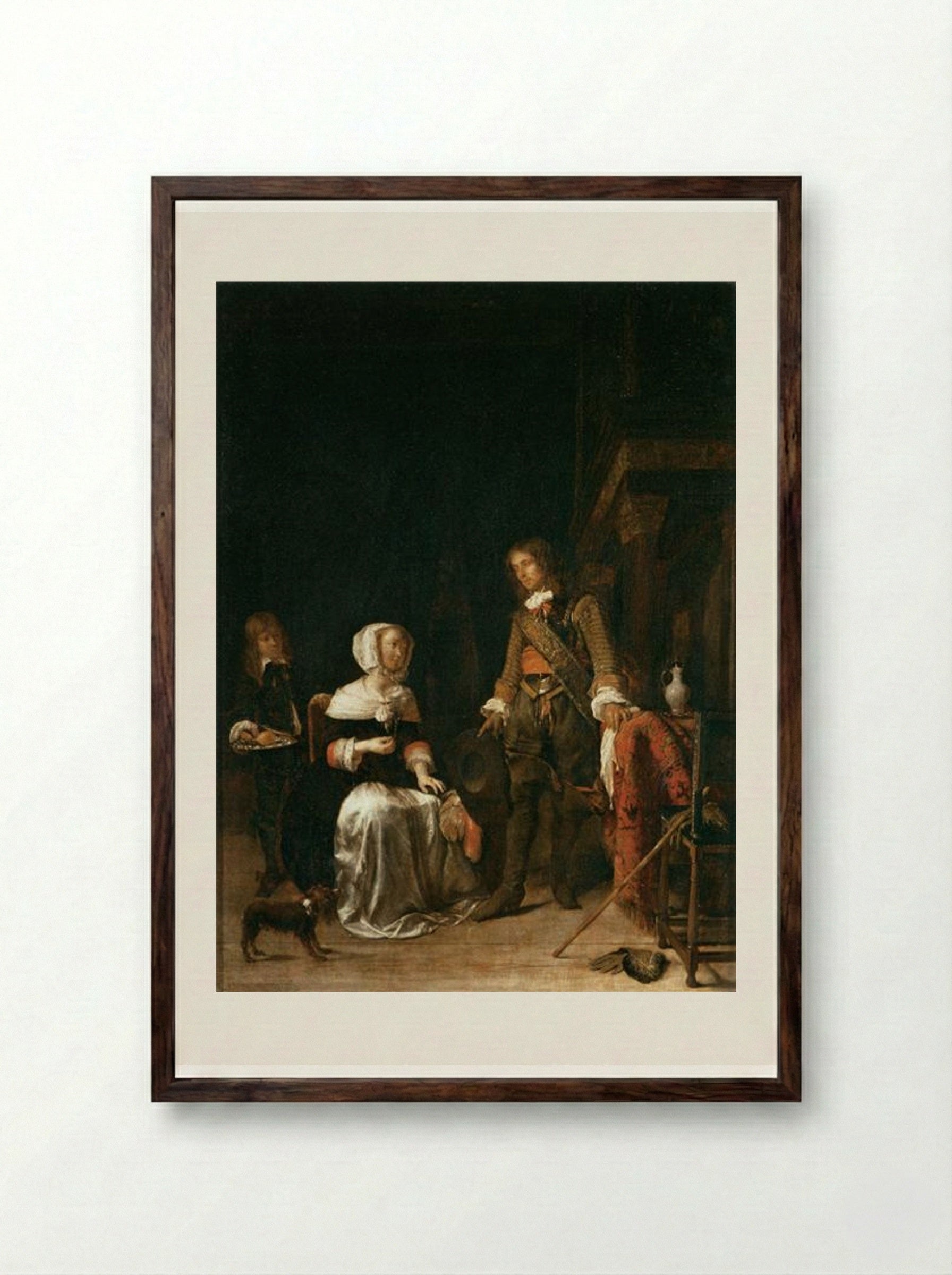 A Soldier Visiting a Young Lady - Gabriel Metsu - Framed Print Dark Wood