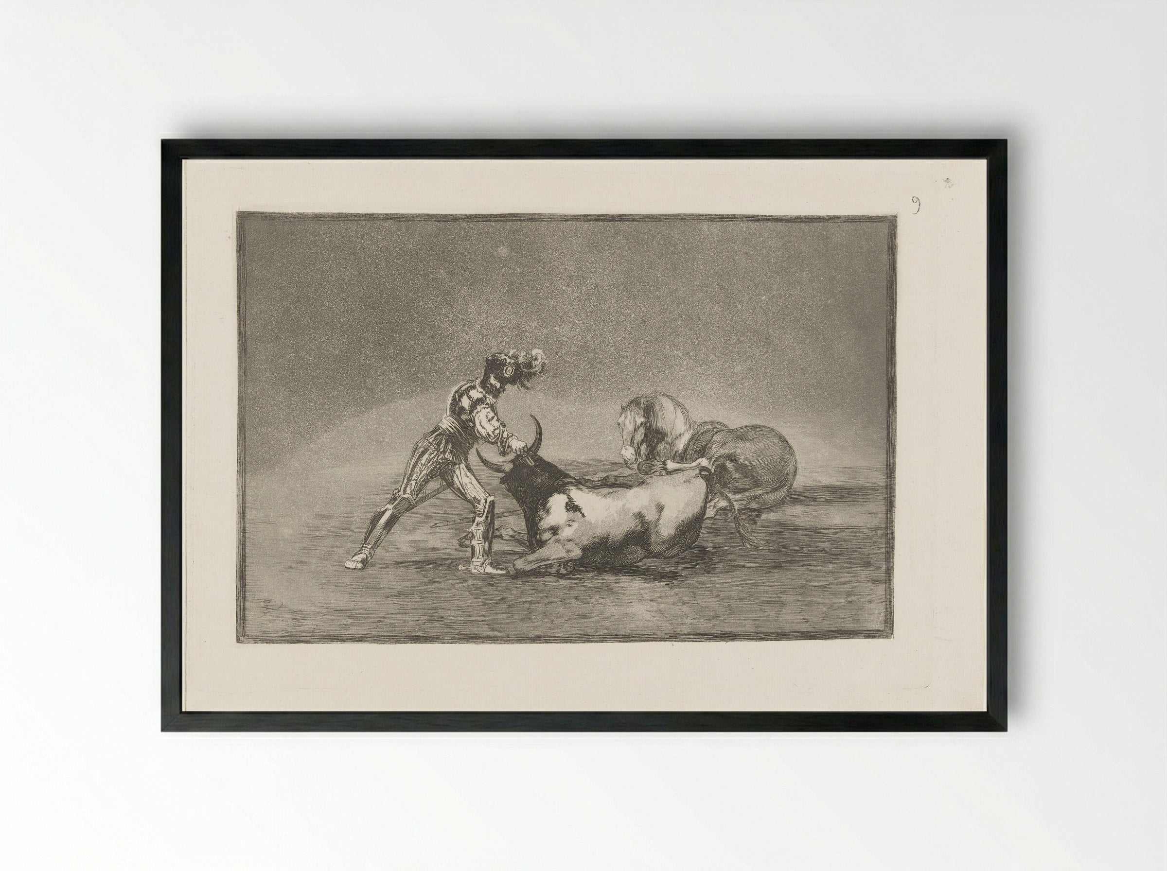 A Spanish Knight Killing a Bull - Francisco de Goya - Framed Print Black