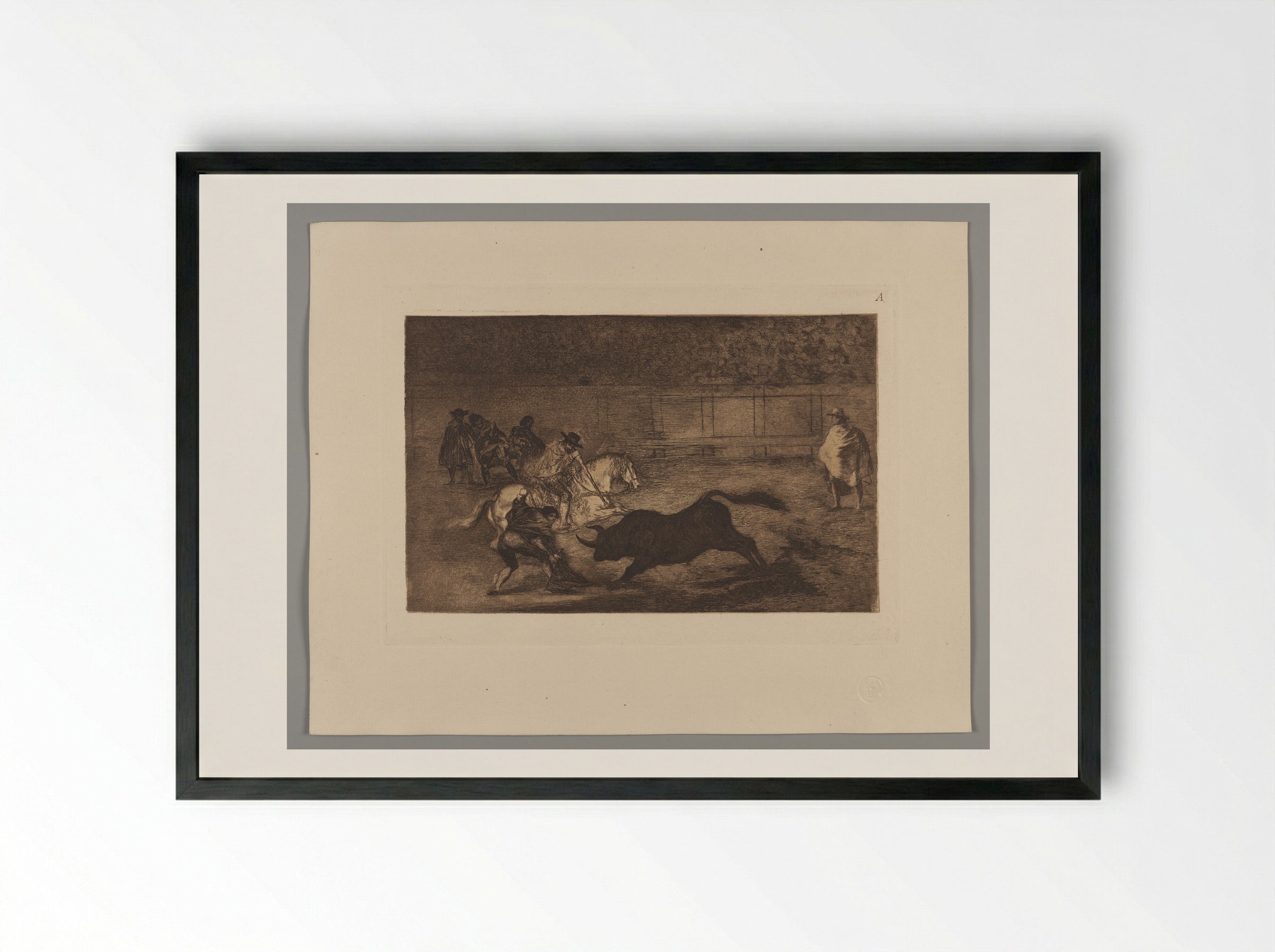 A Spanish Mounted Knight Breaking Short Spears with the Help of Assistants - Francisco José de Goya y Lucientes - Framed Print Black