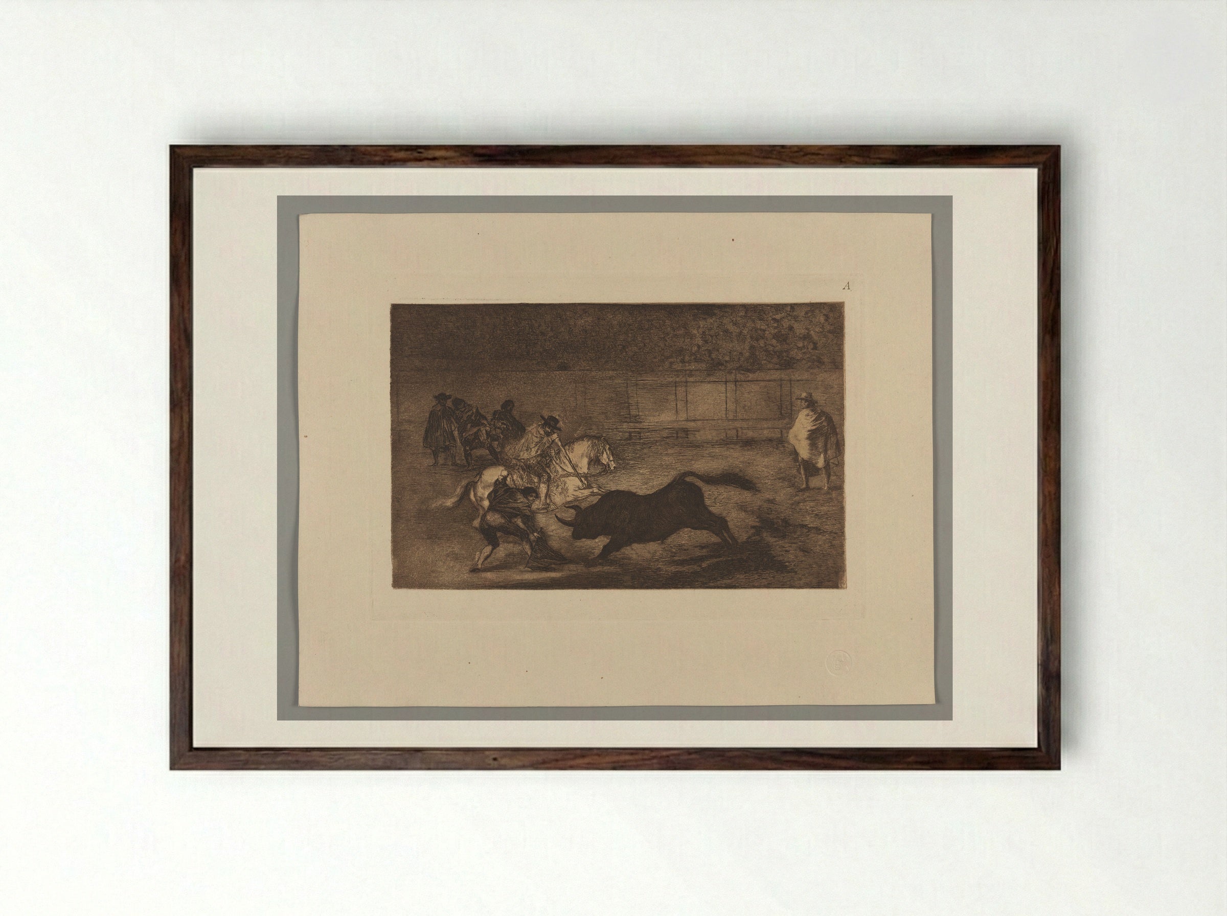 A Spanish Mounted Knight Breaking Short Spears with the Help of Assistants - Francisco José de Goya y Lucientes - Framed Print Dark Wood