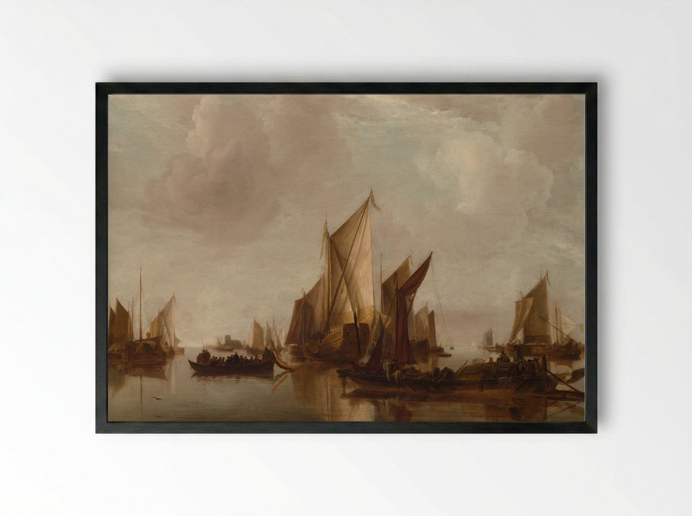 A State Yacht and Other Craft in Calm Water - Jan van de Cappelle - Framed Print Black