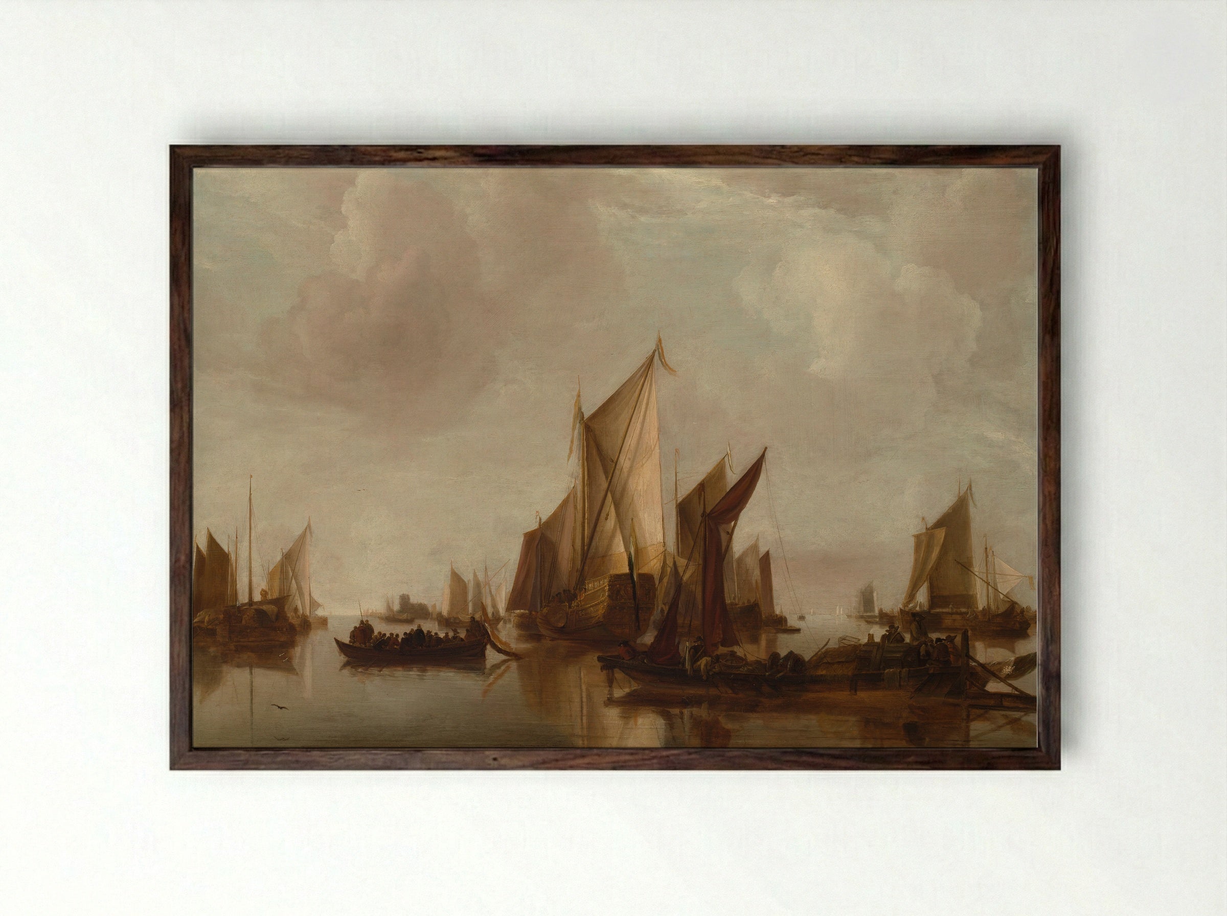 A State Yacht and Other Craft in Calm Water - Jan van de Cappelle - Framed Print Dark Wood
