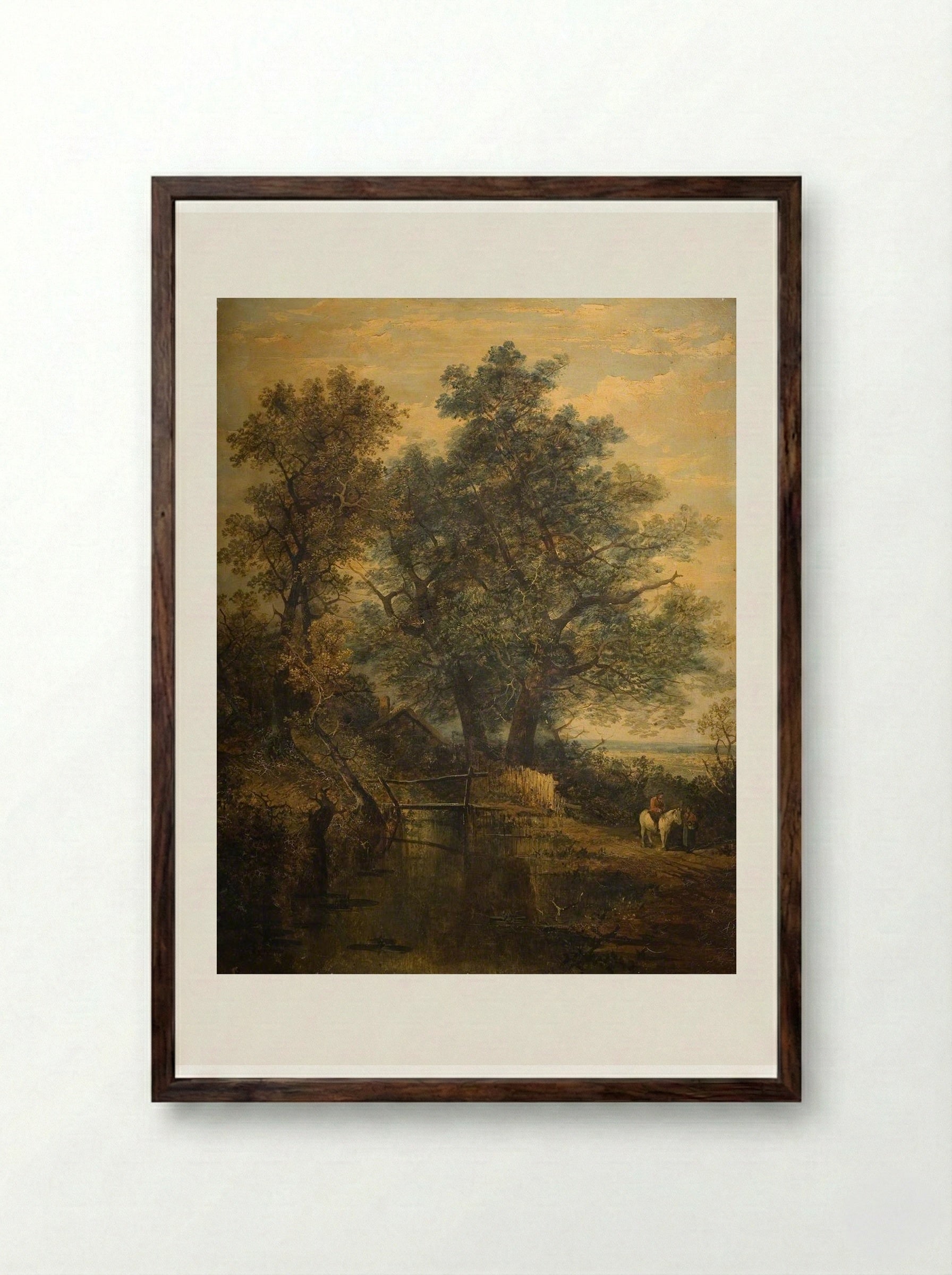 A Stream, Bridge, Trees and Two Figures in a Landscape - John Crome - Framed Print Dark Wood