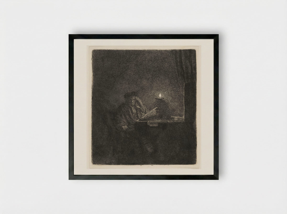 A Student at a Table by Candlelight - Rembrandt Harmensz. van Rijn - Framed Print Black