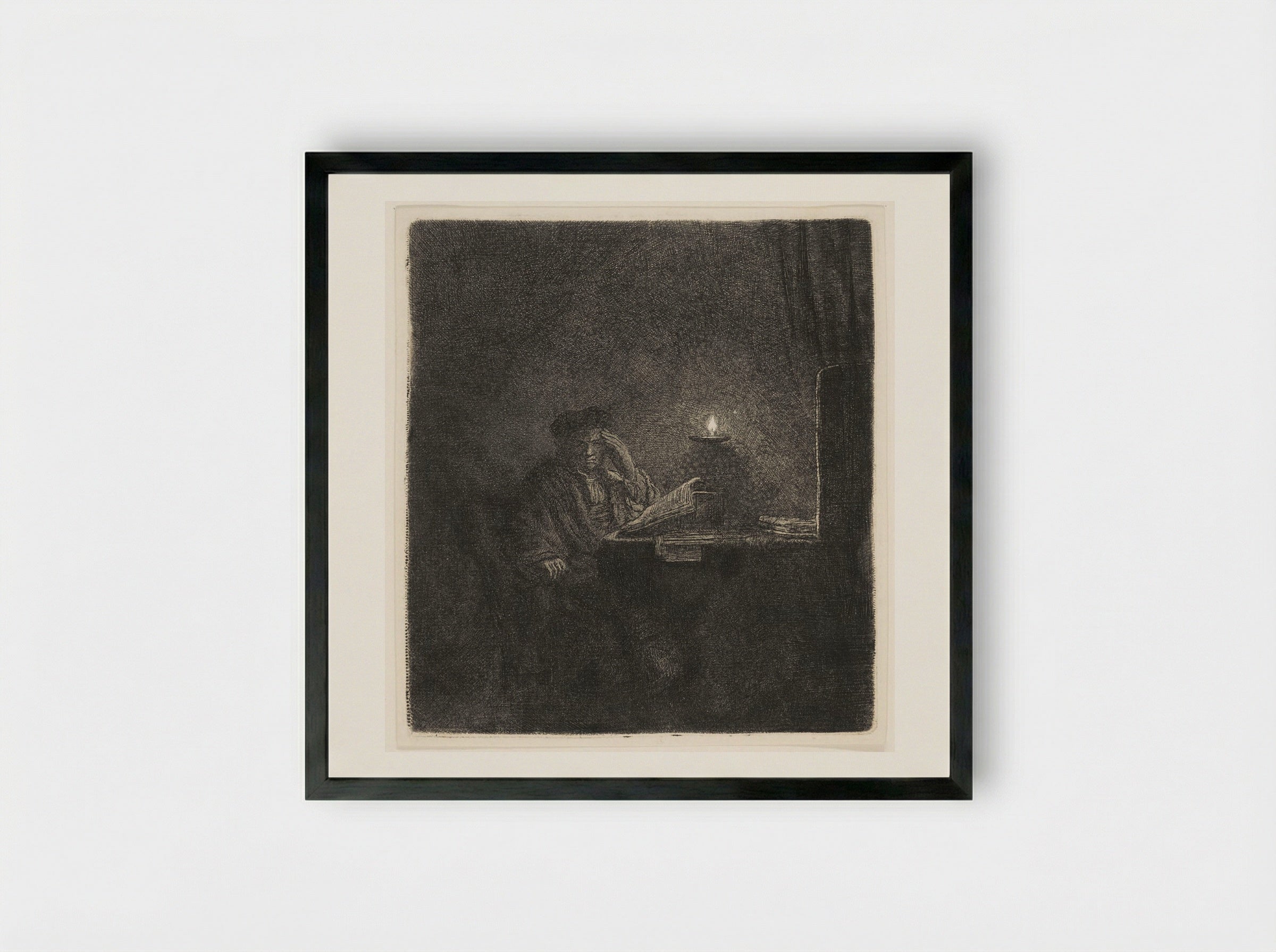 A Student at a Table by Candlelight - Rembrandt Harmensz. van Rijn - Framed Print Black