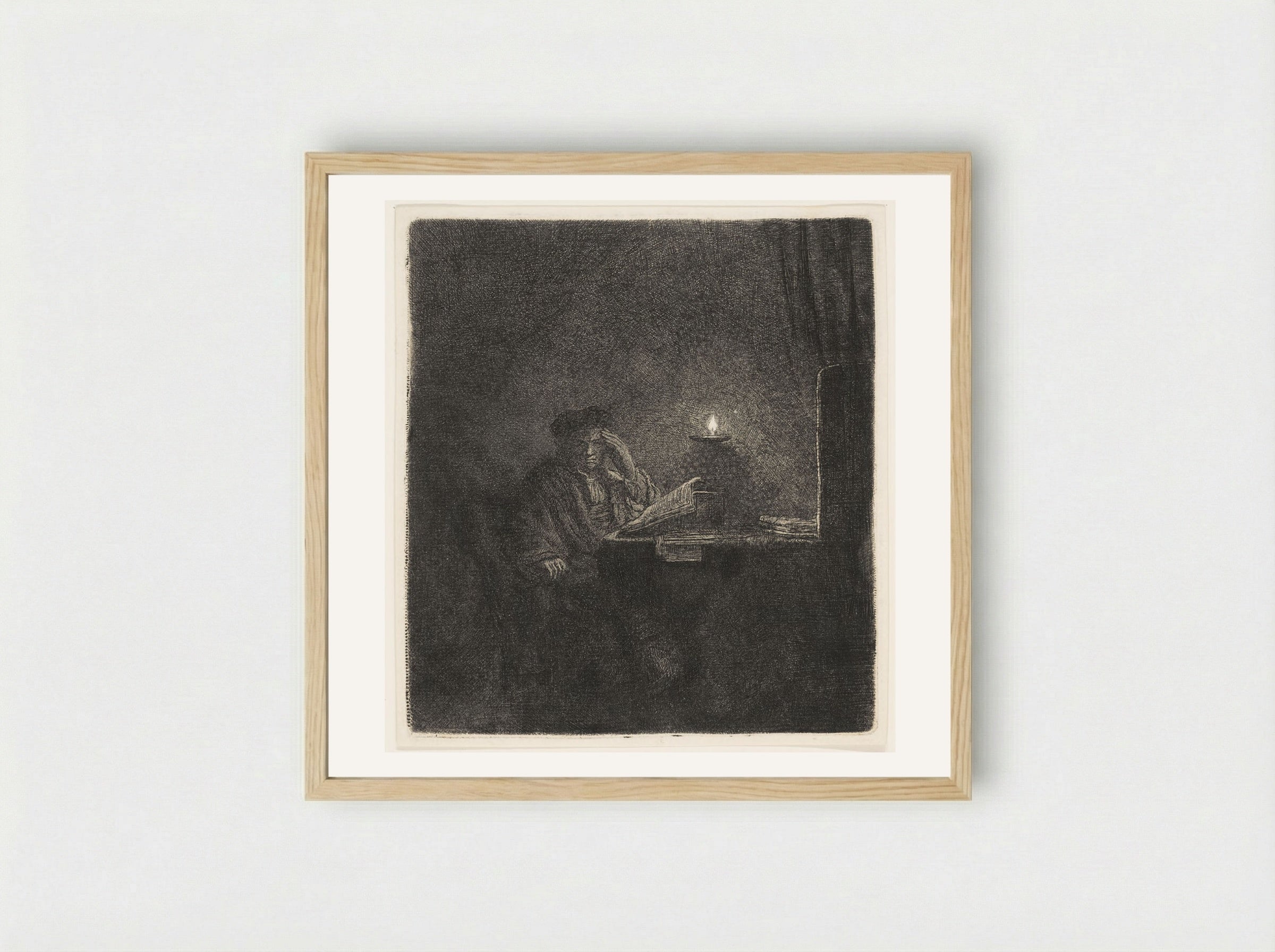 A Student at a Table by Candlelight - Rembrandt Harmensz. van Rijn - Framed Print Wood