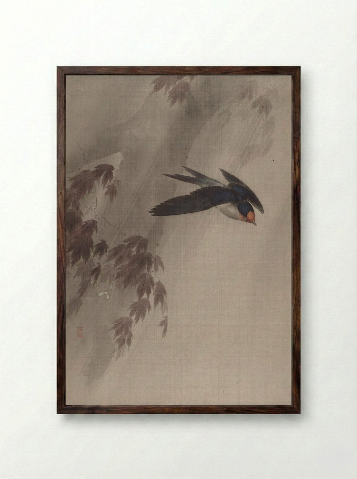 A Swallow in the Rain - Okada Baison - Framed Print Dark Wood