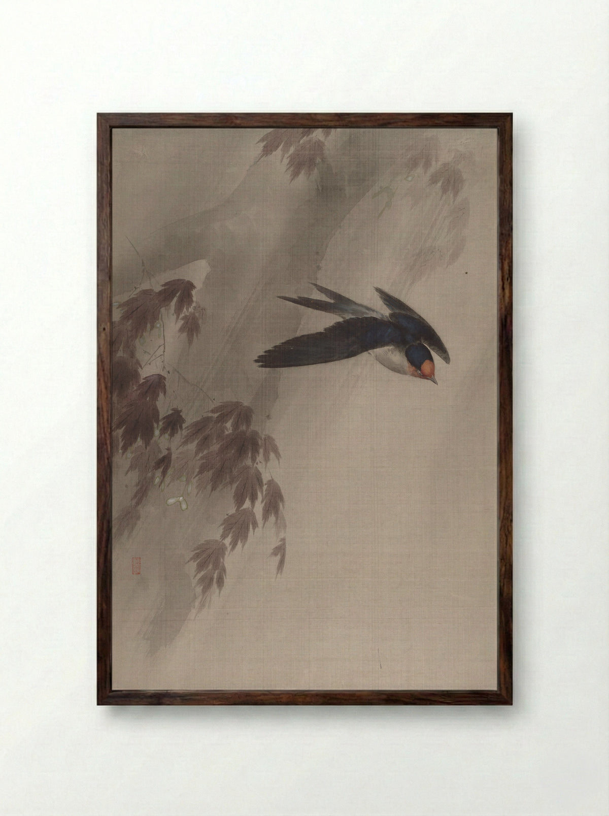 A Swallow in the Rain - Okada Baison - Framed Print Dark Wood