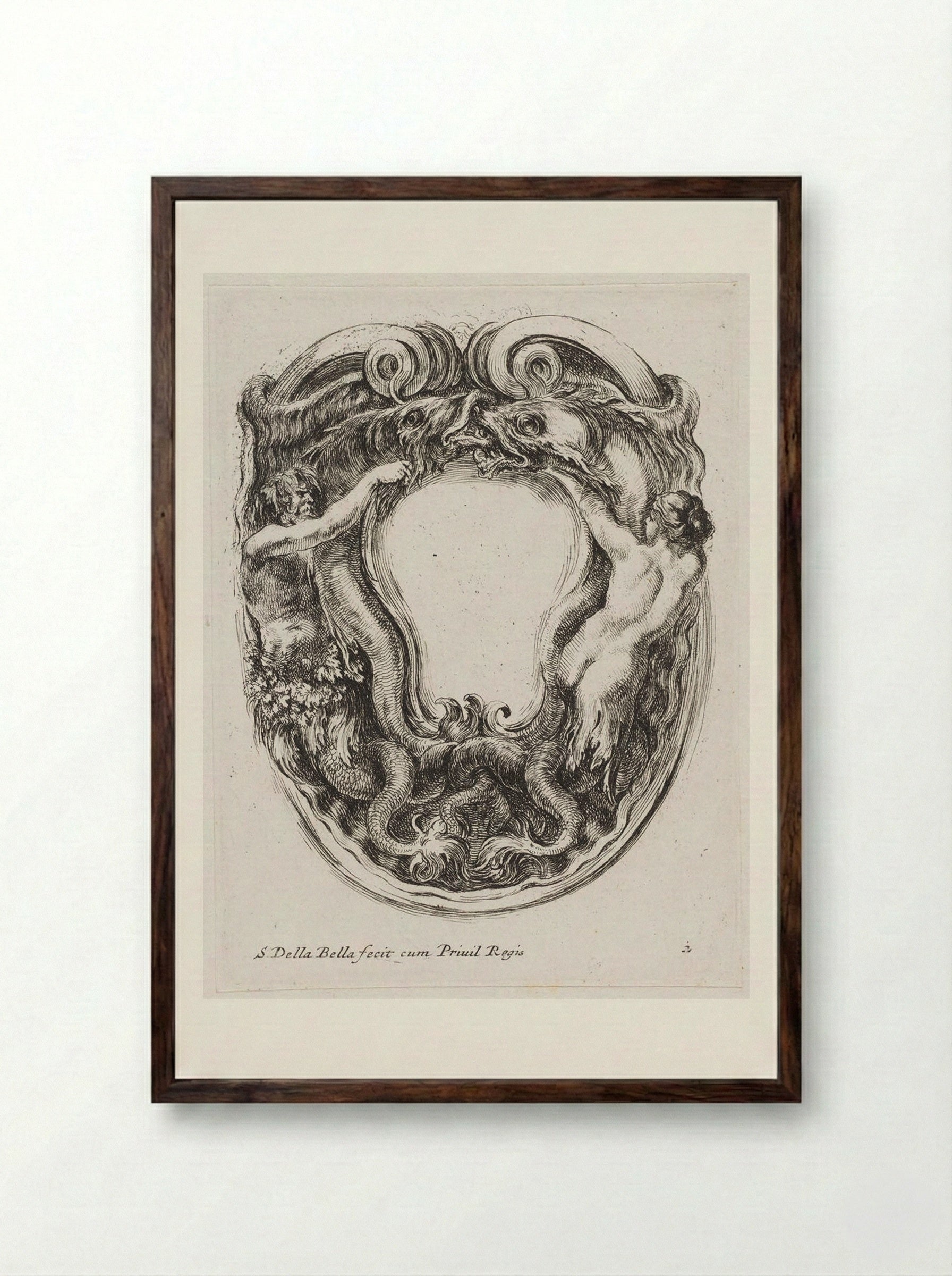 A Triton and a Nereid Battling Sea Monsters - Stefano Della Bella - Framed Print Dark Wood