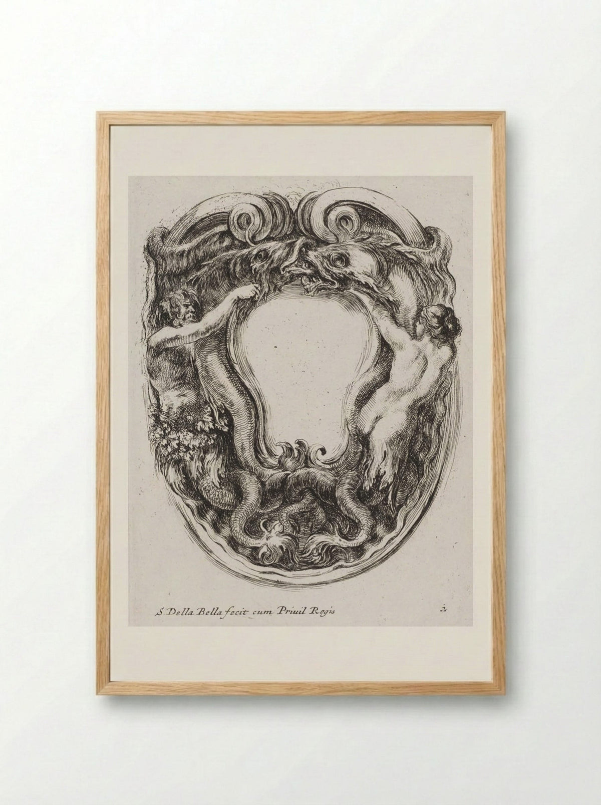 A Triton and a Nereid Battling Sea Monsters - Stefano Della Bella - Framed Print Wood