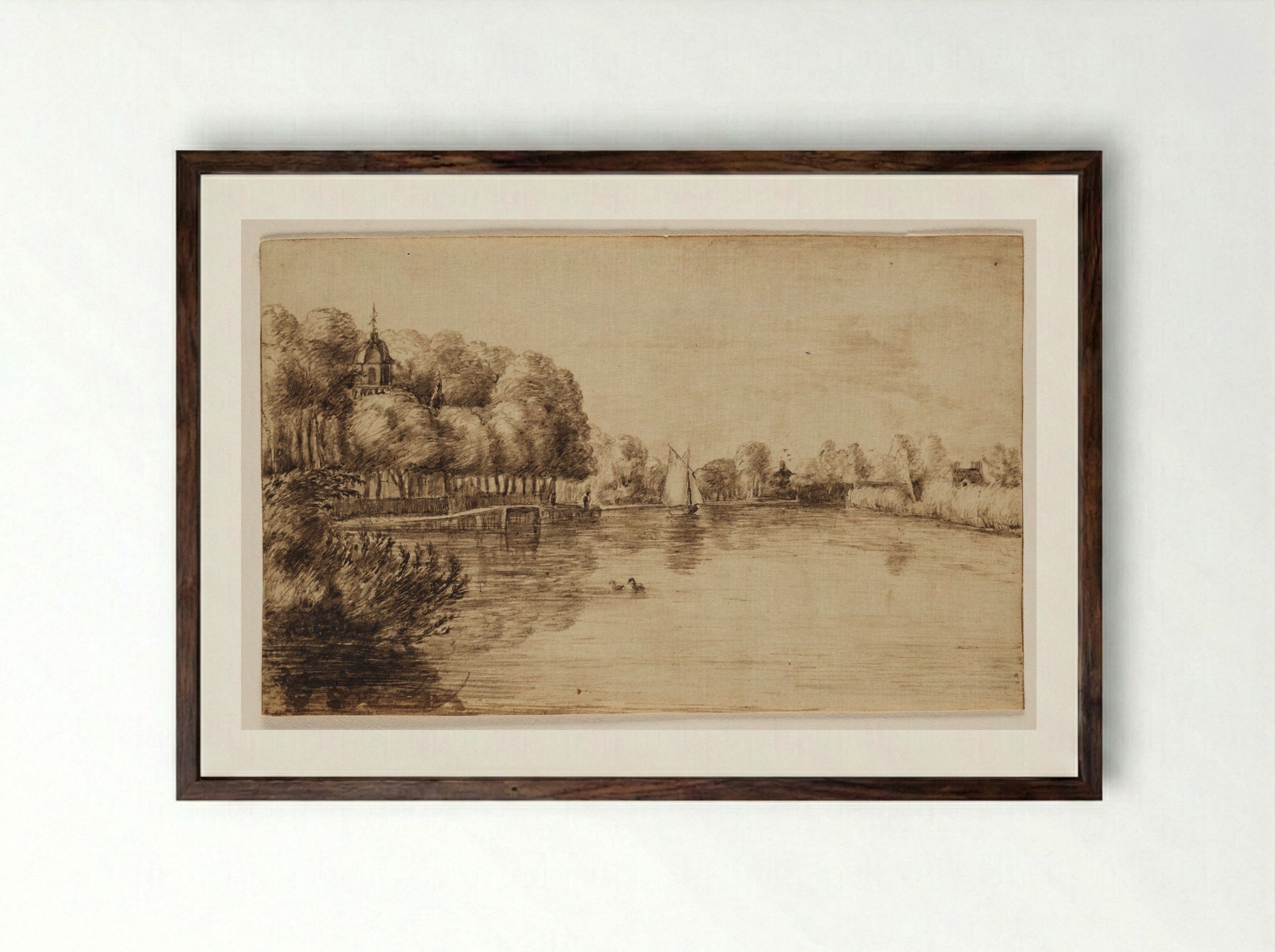 A View of Weeresteyn Manor on the Vecht - Johannes Leupenius - Framed Print Dark Wood