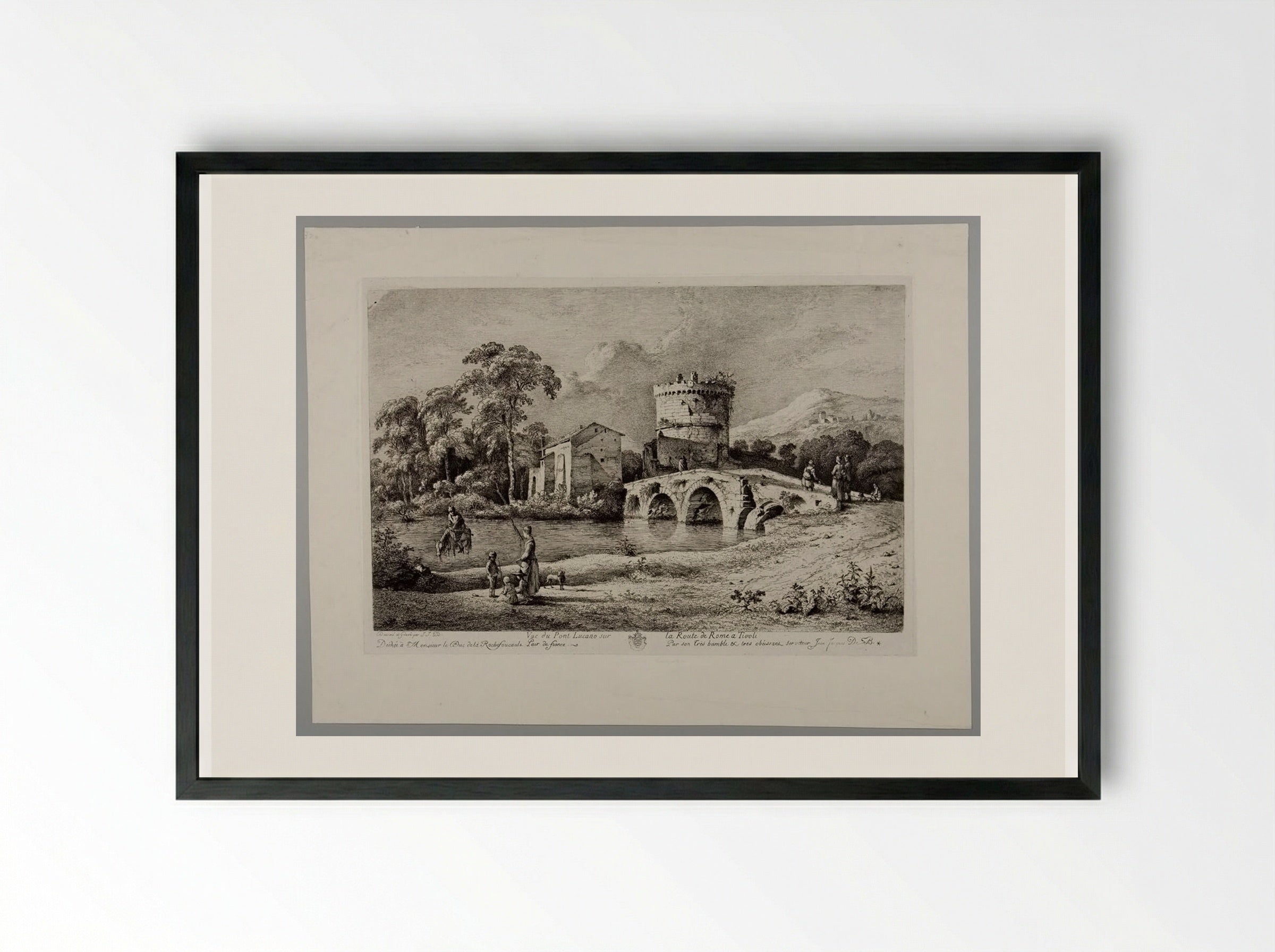 A View of the Bridge of Lucano over the Road to Rome at Tivoli - Jean-Jacques de Boissieu - Framed Print Black