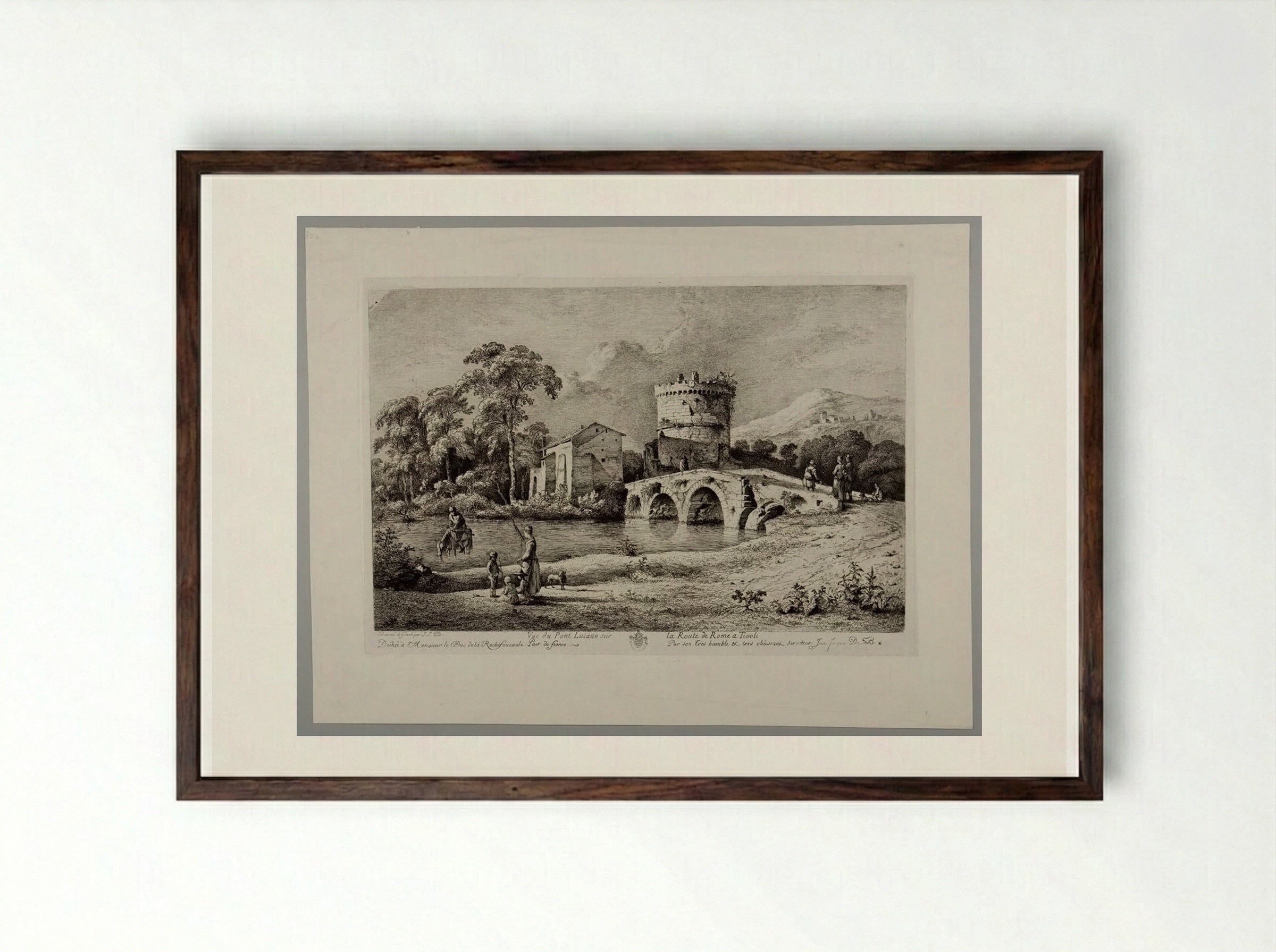 A View of the Bridge of Lucano over the Road to Rome at Tivoli - Jean-Jacques de Boissieu - Framed Print Dark Wood