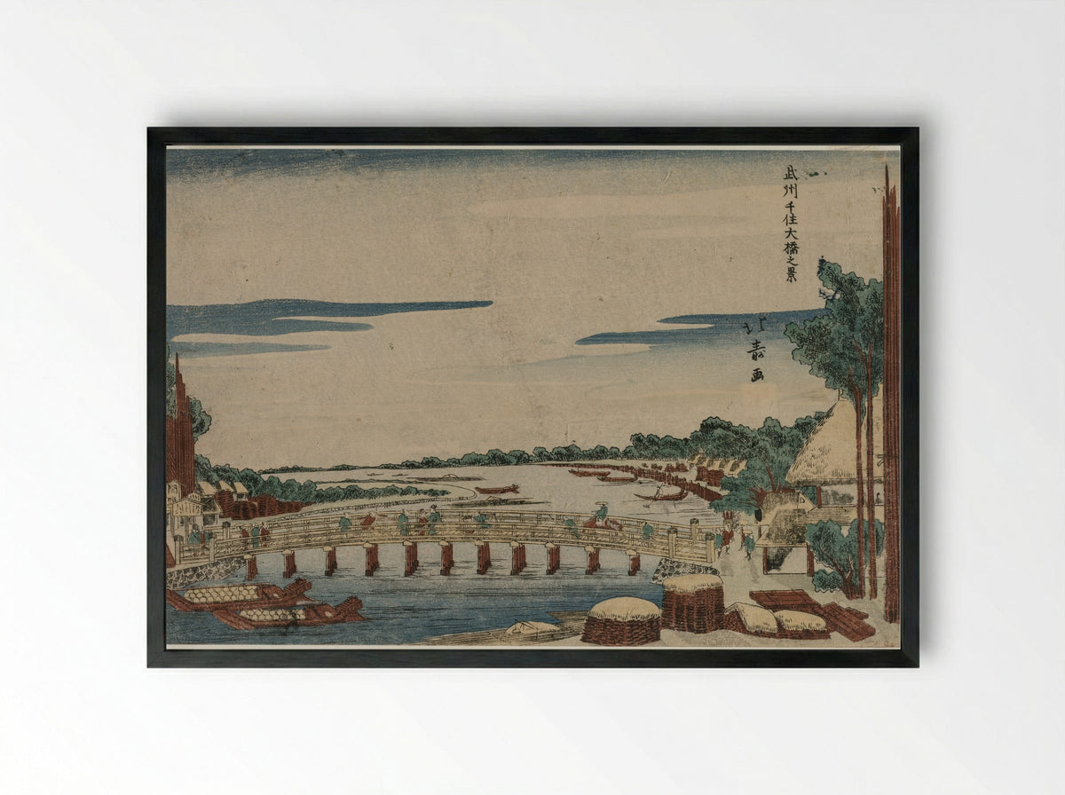 A View of the Great Bridge at Senju in Musashi Province - Shōtei Hokuju - Framed Print Black