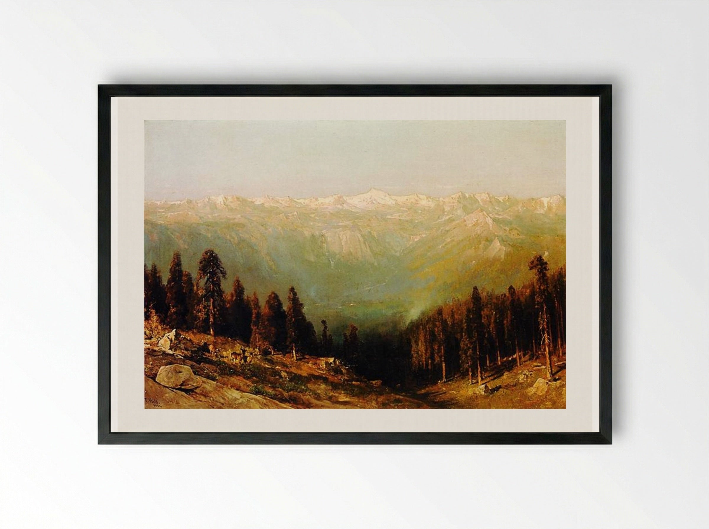 A View of the Hetch Hetchy Valley with Deer in the Foreground and Mount Conness in the Distance - Thomas Hill - Framed Print Black