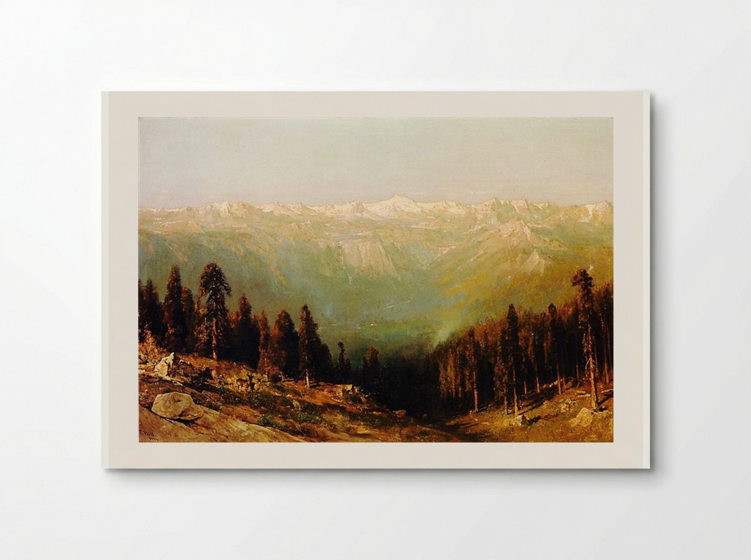 A View of the Hetch Hetchy Valley with Deer in the Foreground and Mount Conness in the Distance - Thomas Hill - Poster