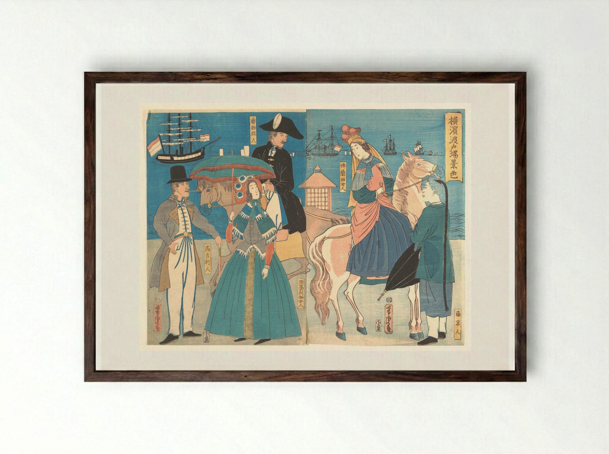 A View of the Wharves in Yokohama - Utagawa Yoshitora - Framed Print Dark Wood