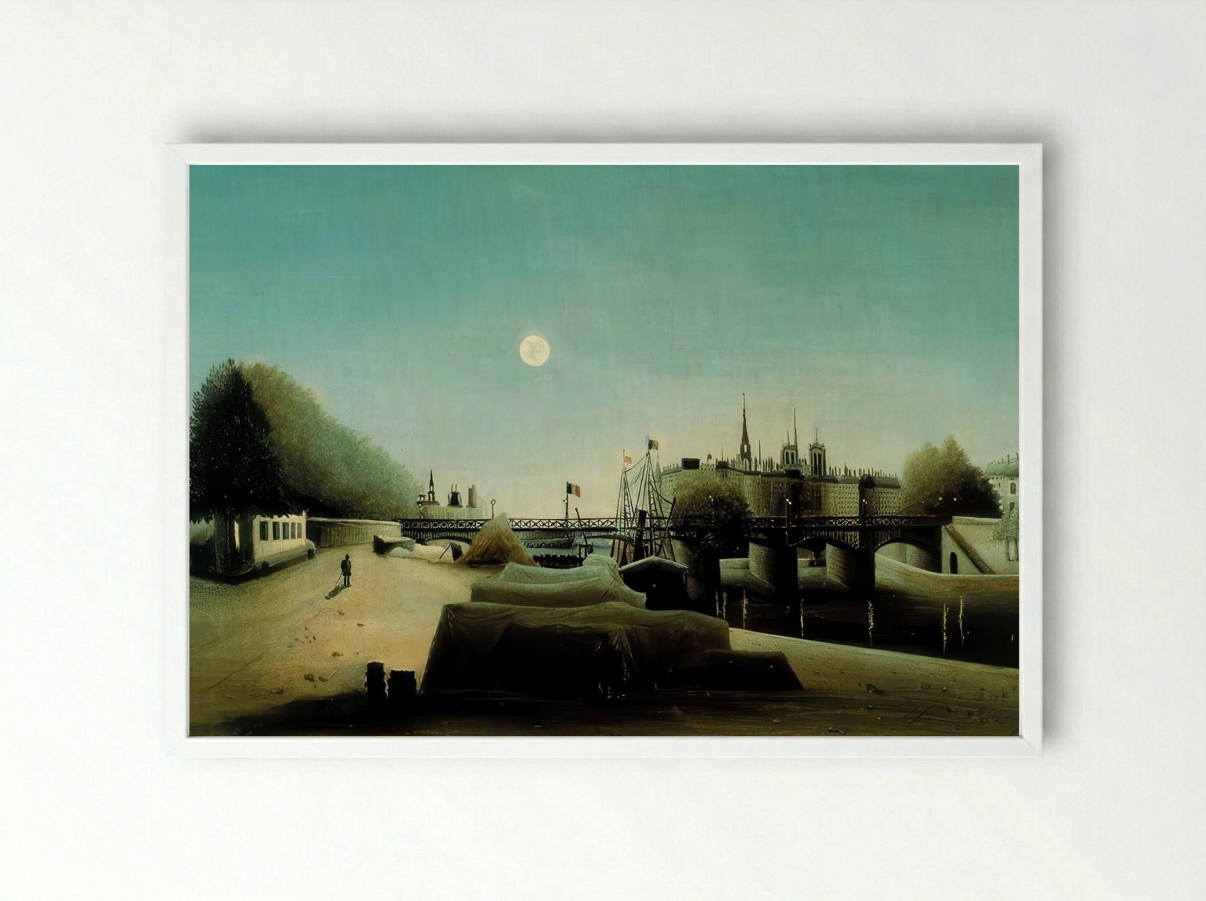 A View of the Île Saint Louis from Port Saint Nicolas at Evening by Henri Rousseau – Naïve Art Paris River Scene Print - Framed Print White