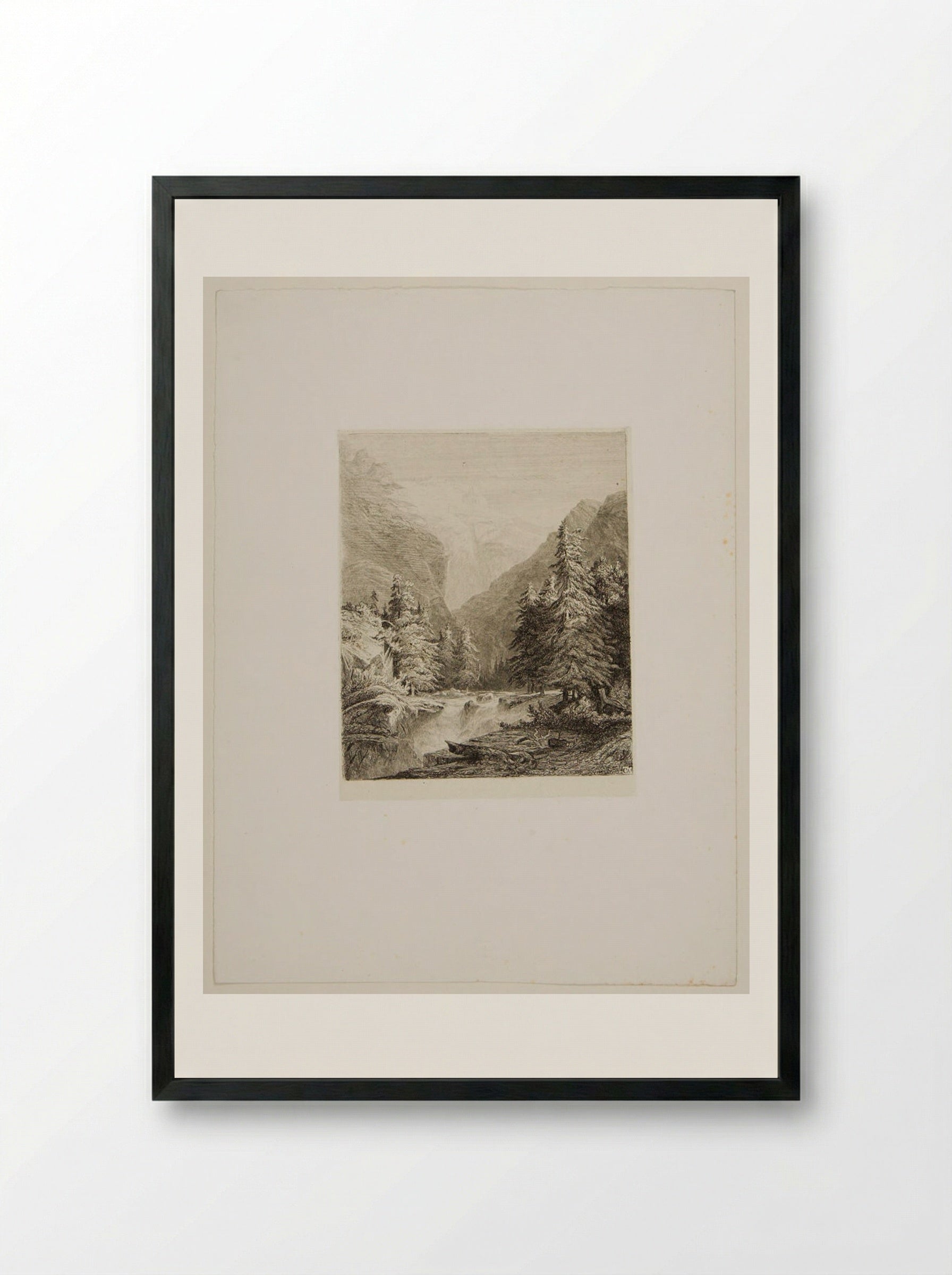 A Winter Scene with Stream and Snowy Fir Trees - Alexandre Calame - Framed Print Black