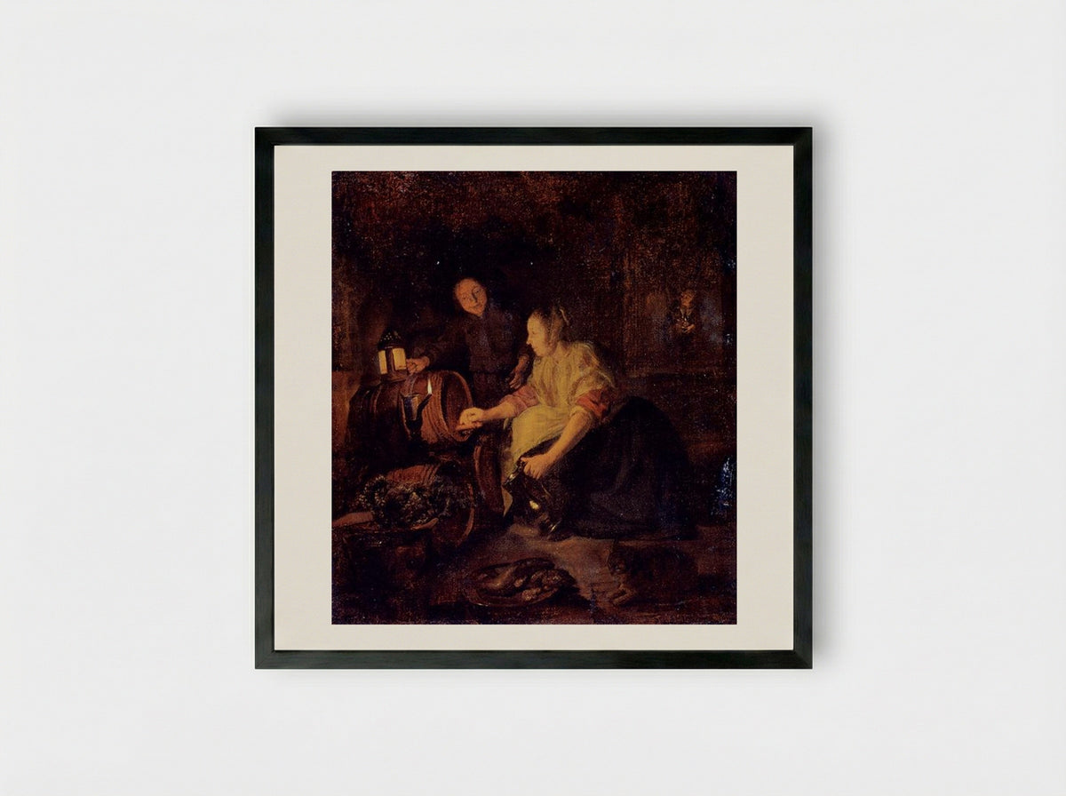 A Woman Drawing Wine from a Barrel - Gabriel Metsu - Framed Print Black