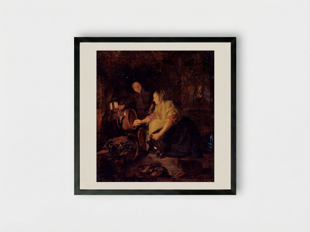 A Woman Drawing Wine from a Barrel - Gabriel Metsu - Framed Print Black