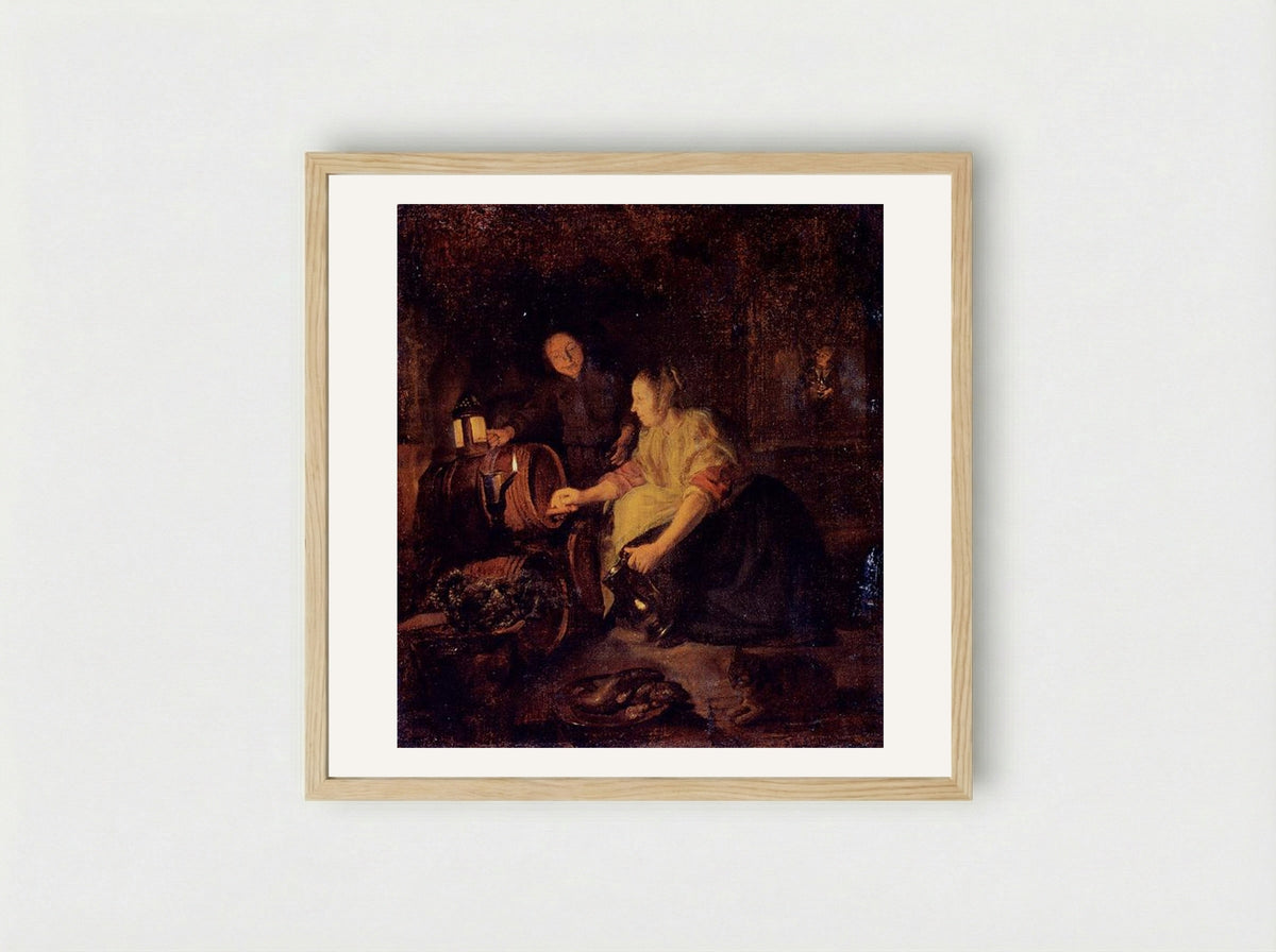 A Woman Drawing Wine from a Barrel - Gabriel Metsu - Framed Print Wood