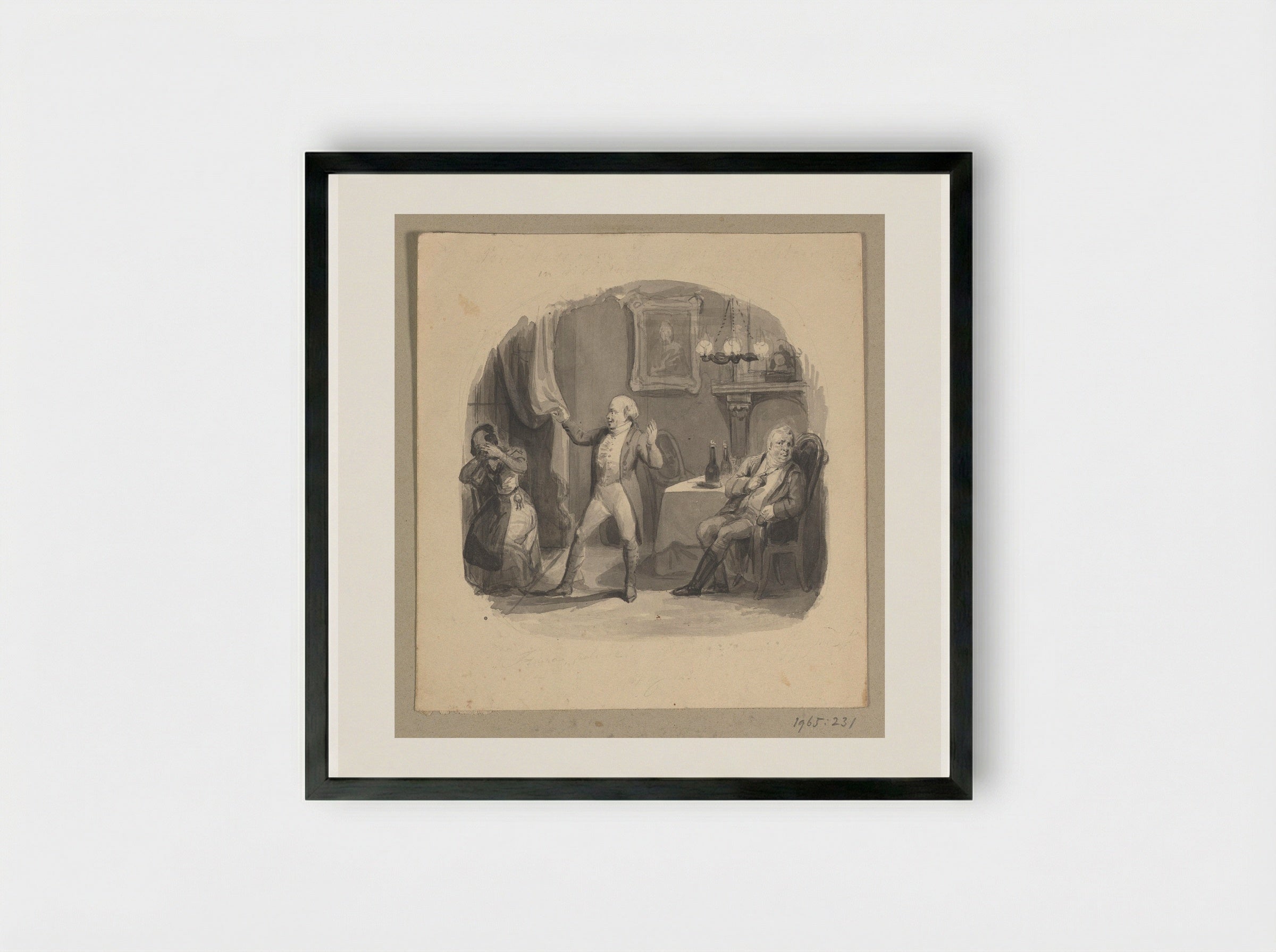 A Woman Eavesdropping Behind a Curtain Discovered by Two Men - Johann Wilhelm Kaiser (I) - Framed Print Black