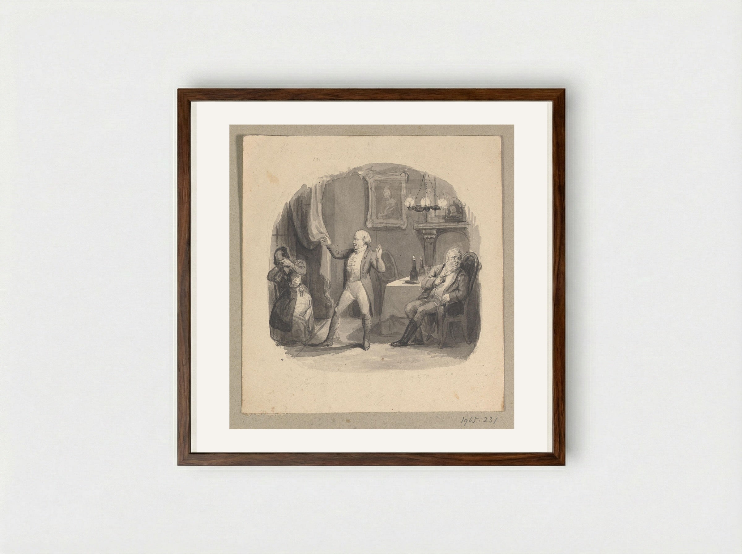 A Woman Eavesdropping Behind a Curtain Discovered by Two Men - Johann Wilhelm Kaiser (I) - Framed Print Dark Wood