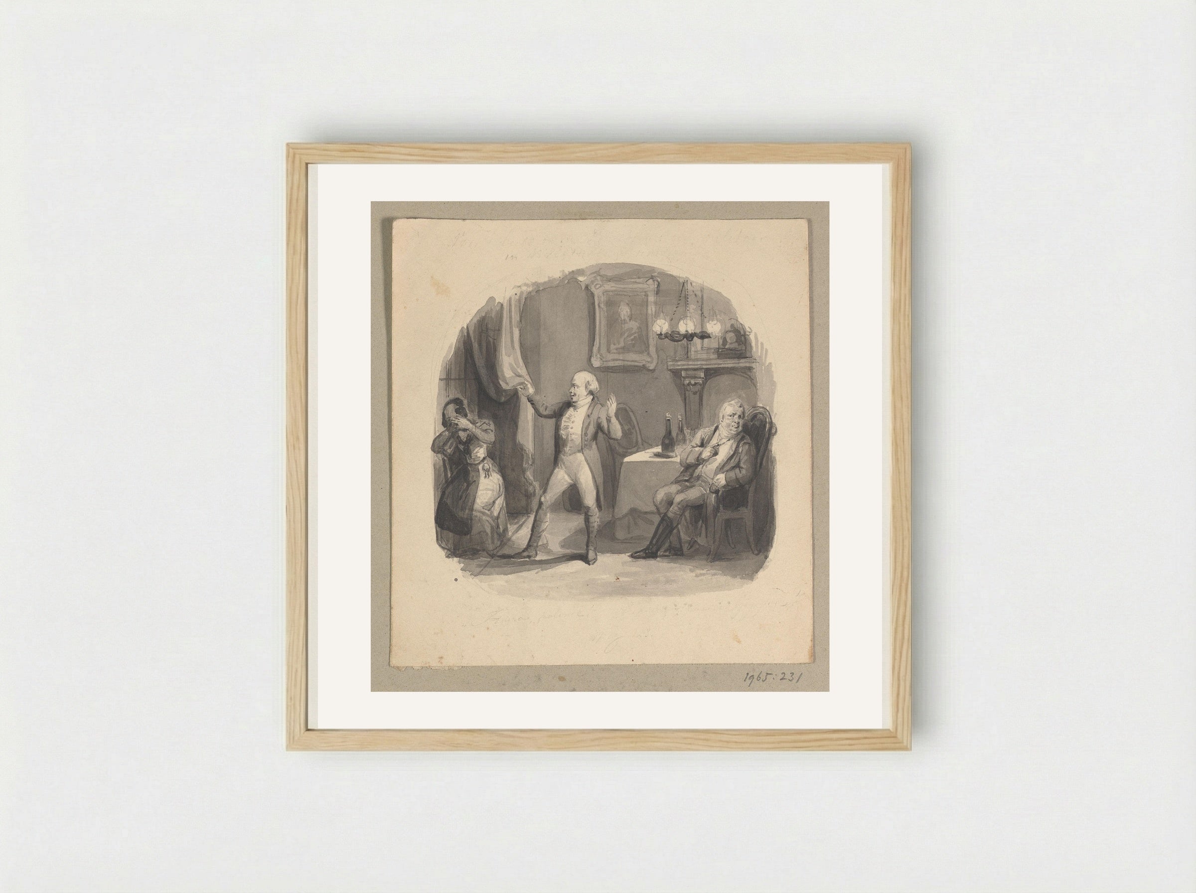 A Woman Eavesdropping Behind a Curtain Discovered by Two Men - Johann Wilhelm Kaiser (I) - Framed Print Wood