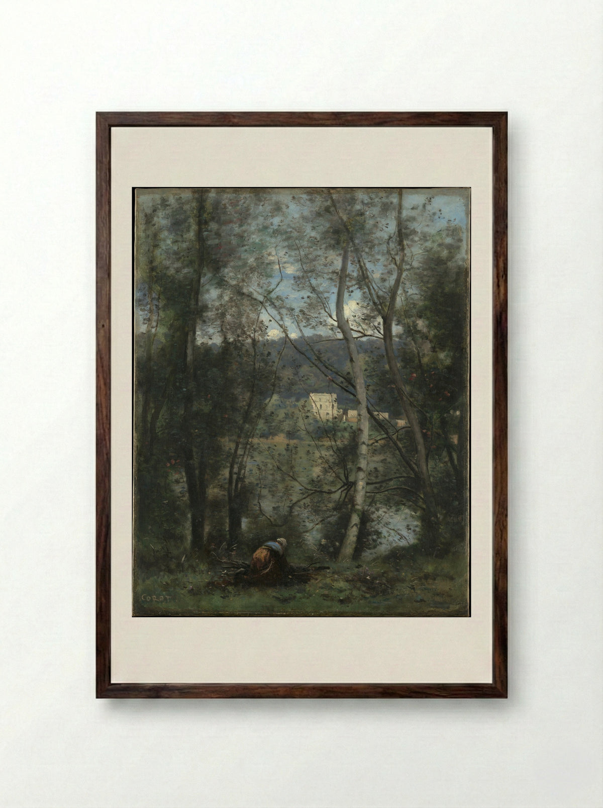 A Woman Gathering Faggots at Ville-d'Avray - Camille Corot - Framed Print Dark Wood