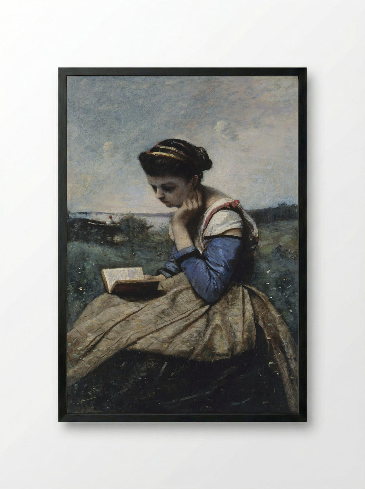 A Woman Reading - Jean-Baptiste-Camille Corot - Framed Print Black