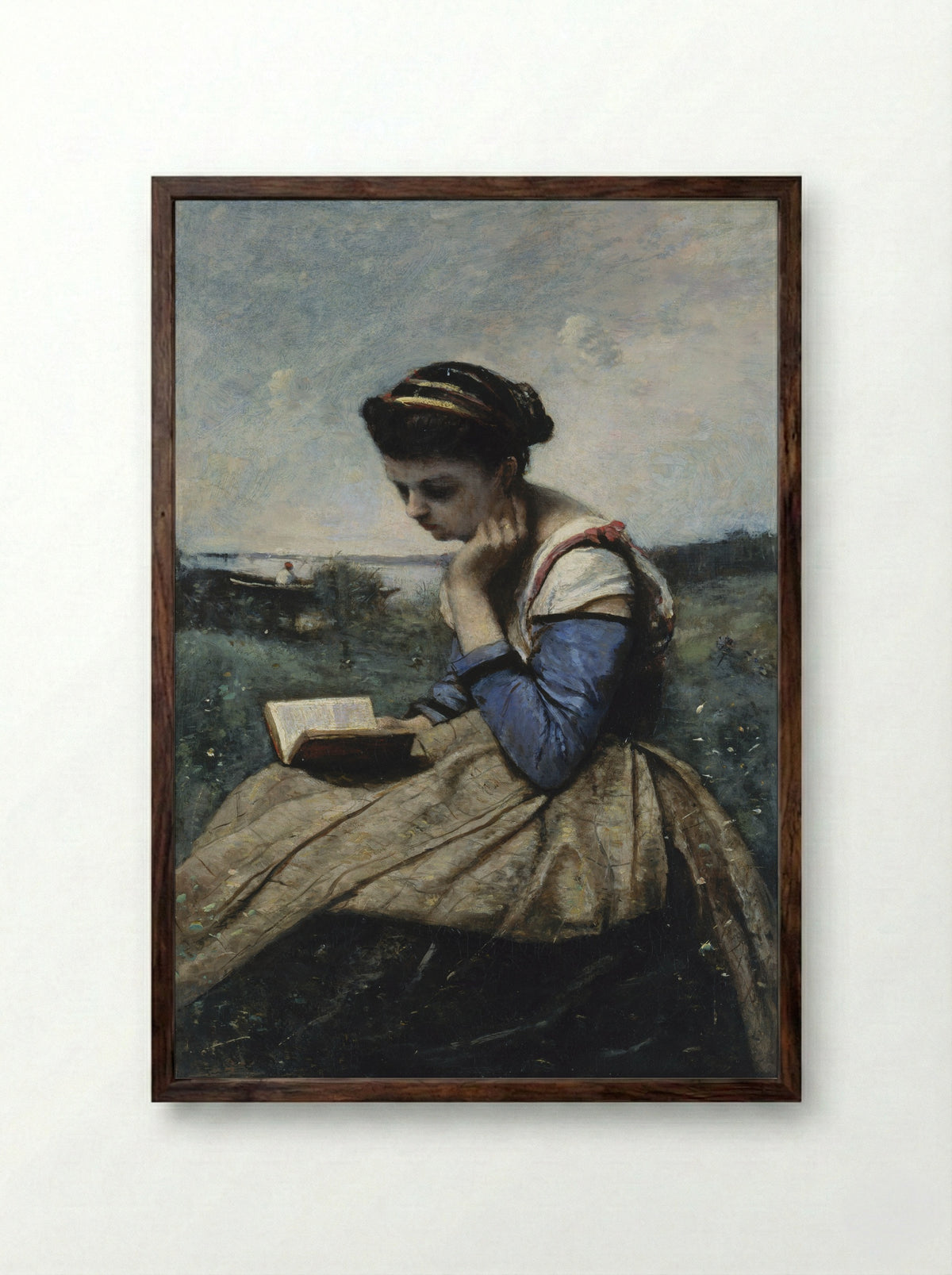 A Woman Reading - Jean-Baptiste-Camille Corot - Framed Print Dark Wood