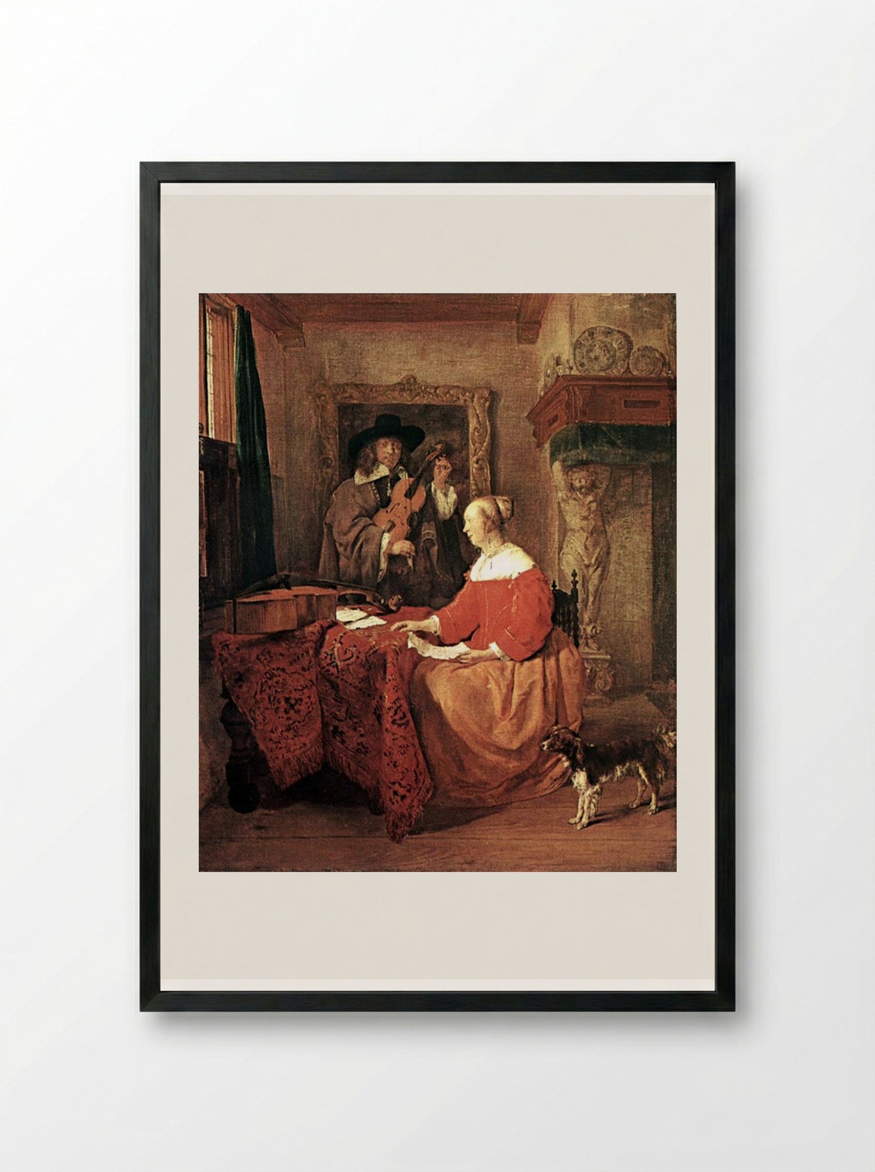 A Woman Seated at a Table and a Man Tuning a Violin - Gabriel Metsu - Framed Print Black