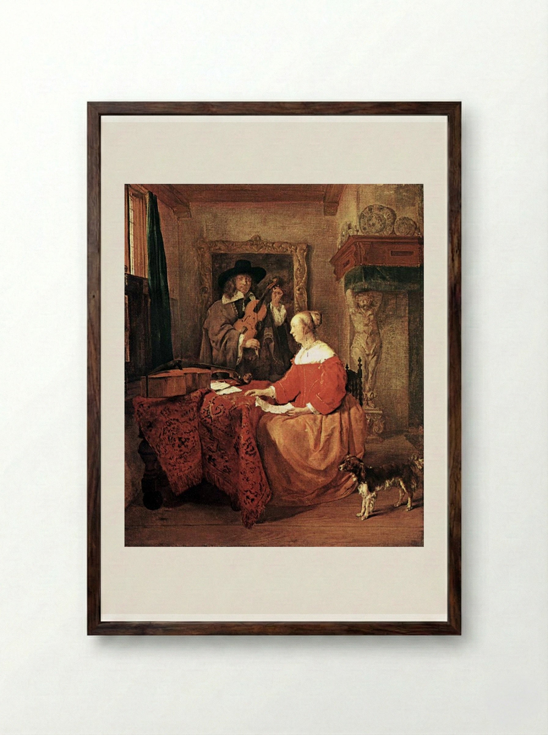 A Woman Seated at a Table and a Man Tuning a Violin - Gabriel Metsu - Framed Print Dark Wood
