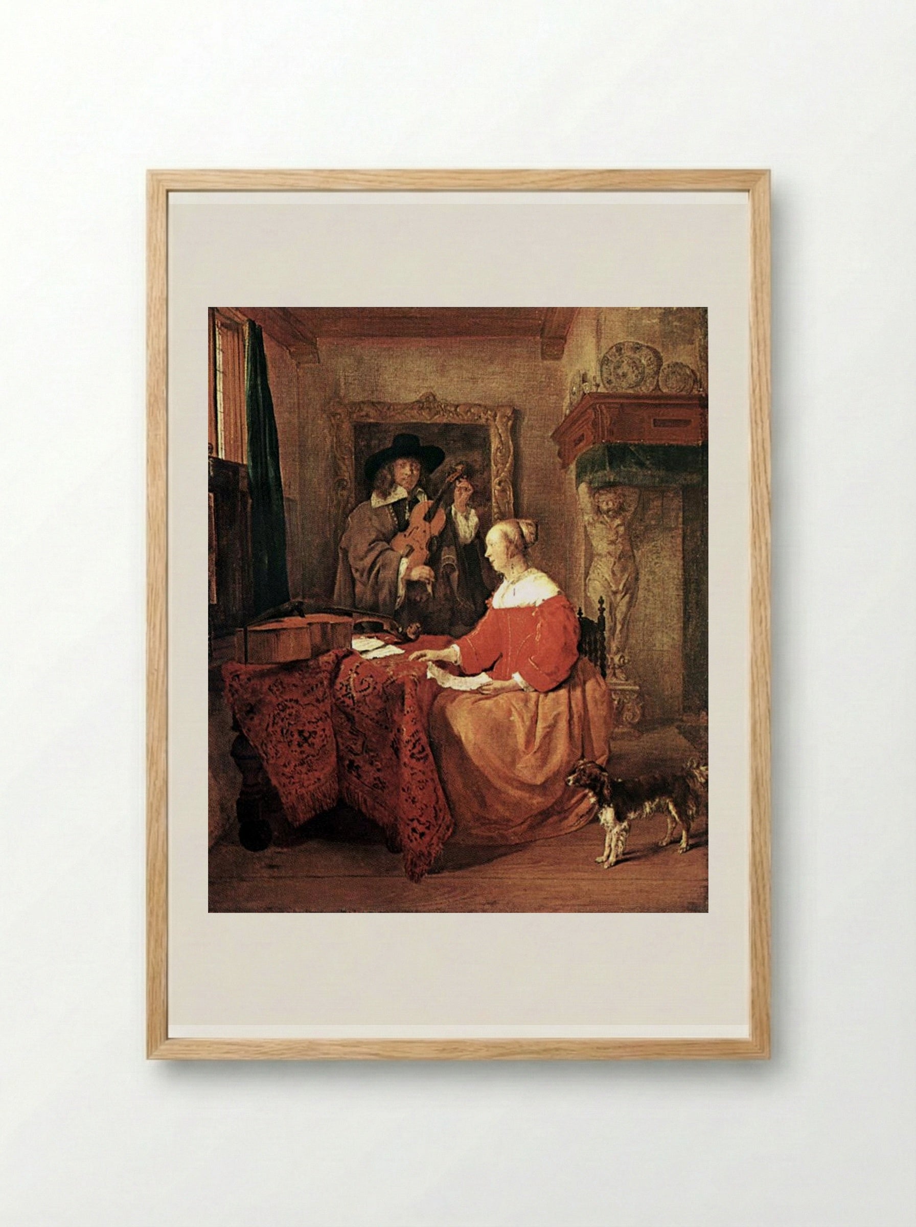 A Woman Seated at a Table and a Man Tuning a Violin - Gabriel Metsu - Framed Print Wood