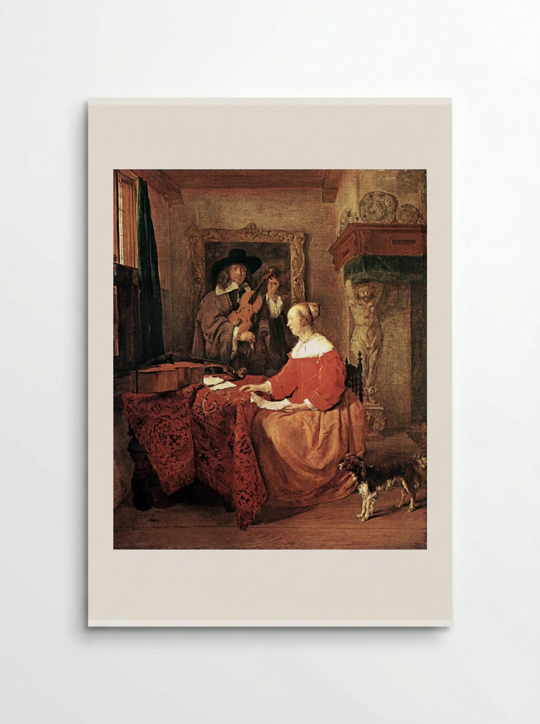 A Woman Seated at a Table and a Man Tuning a Violin - Gabriel Metsu - Poster