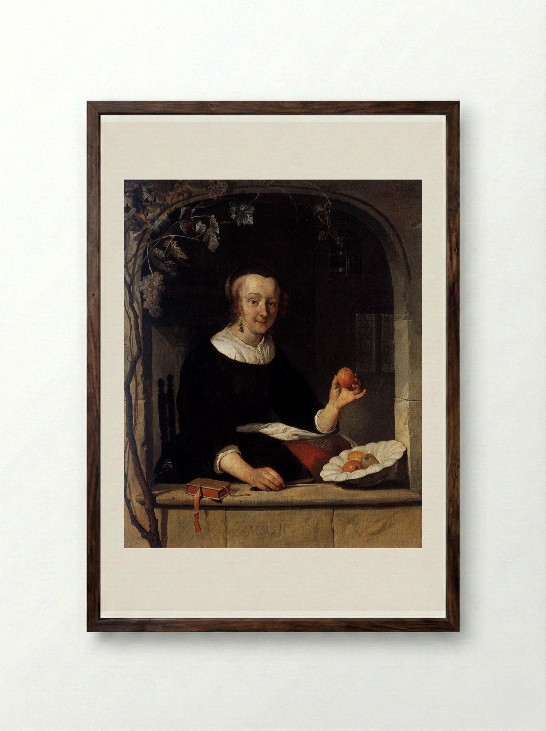 A Woman Seated at a Window - Gabriël Metsu - Framed Print Dark Wood