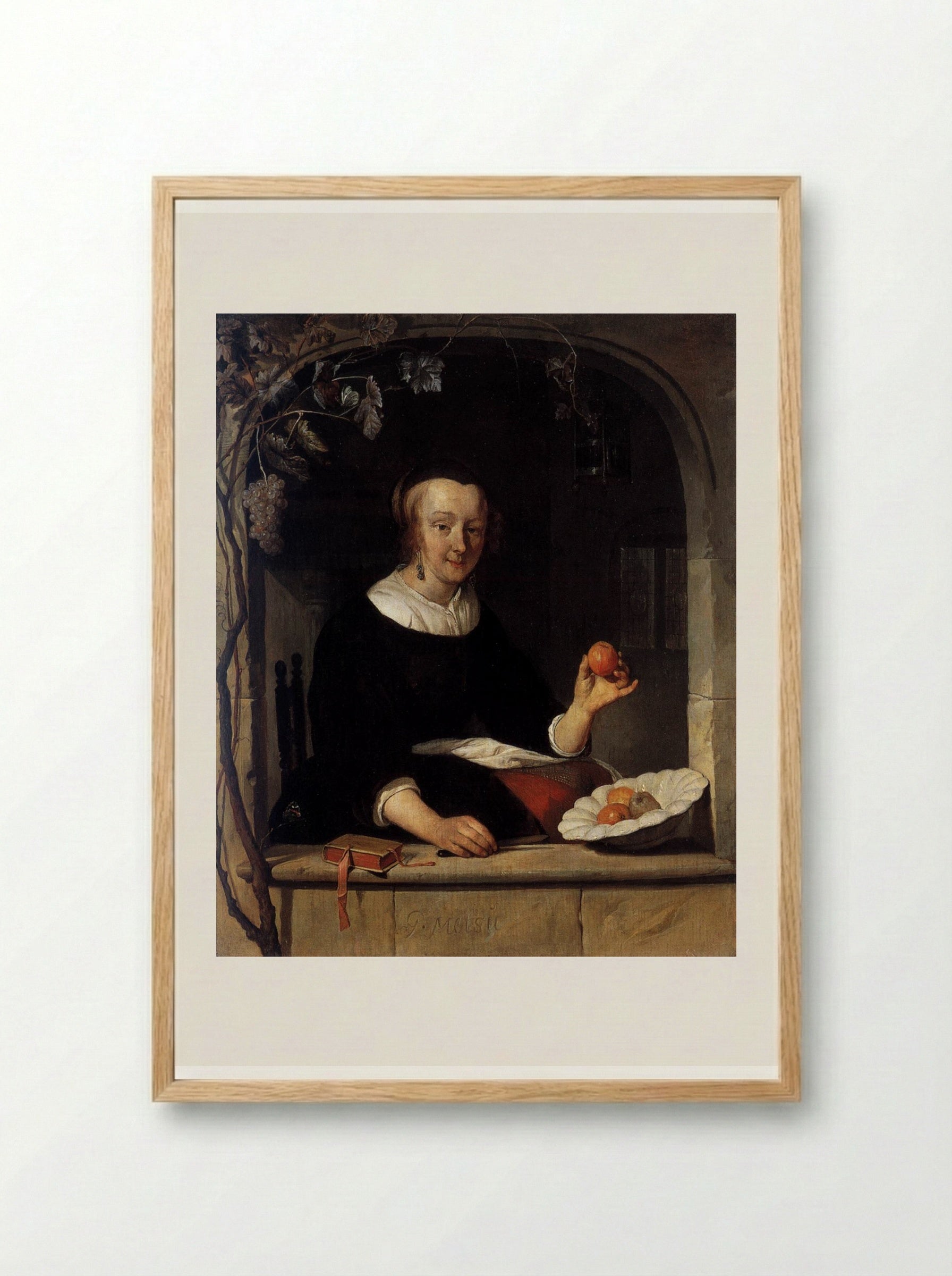 A Woman Seated at a Window - Gabriël Metsu - Framed Print Wood