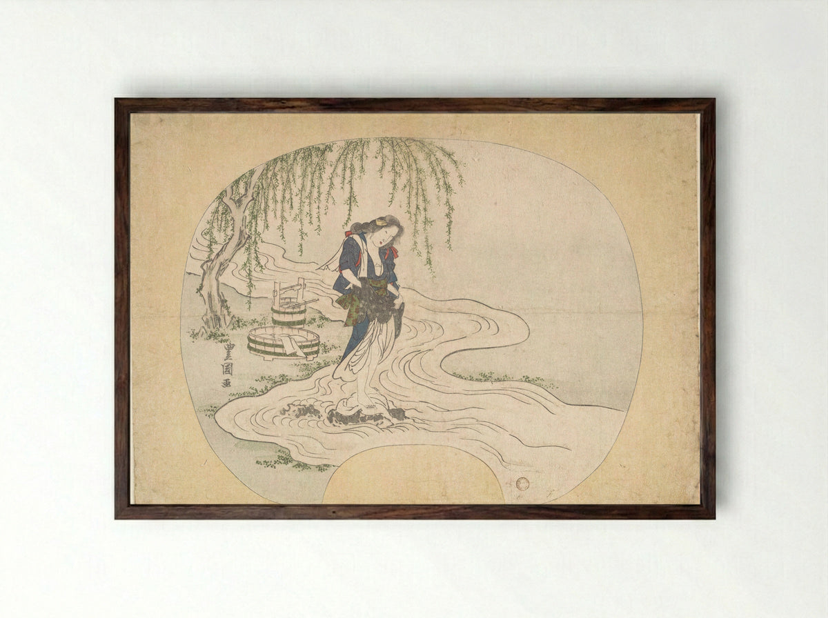 A Woman Stands on a Rock in a Stream Washing Clothes - Utagawa Toyoshige - Framed Print Dark Wood