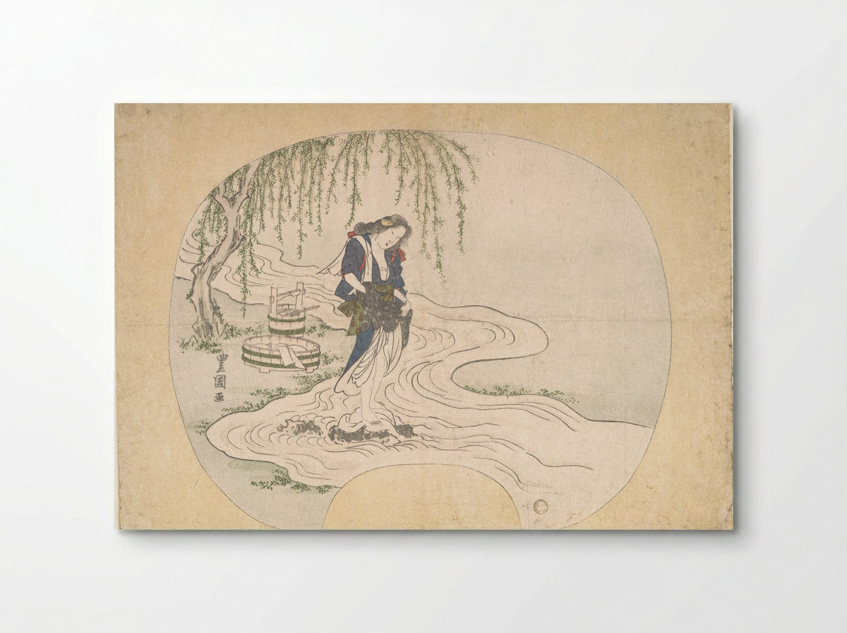 A Woman Stands on a Rock in a Stream Washing Clothes - Utagawa Toyoshige - Poster