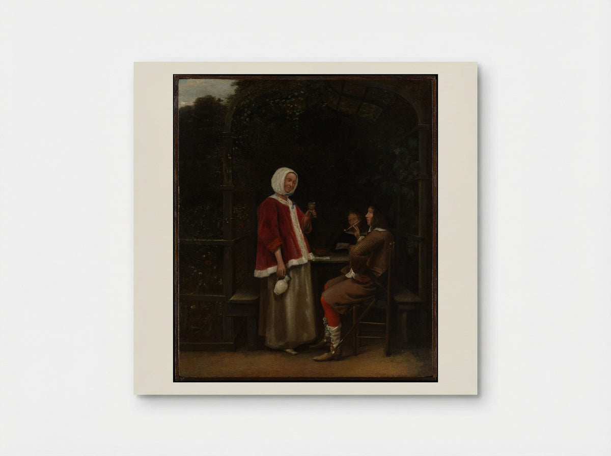 A Woman and Two Men in an Arbor - Pieter de Hooch - Poster