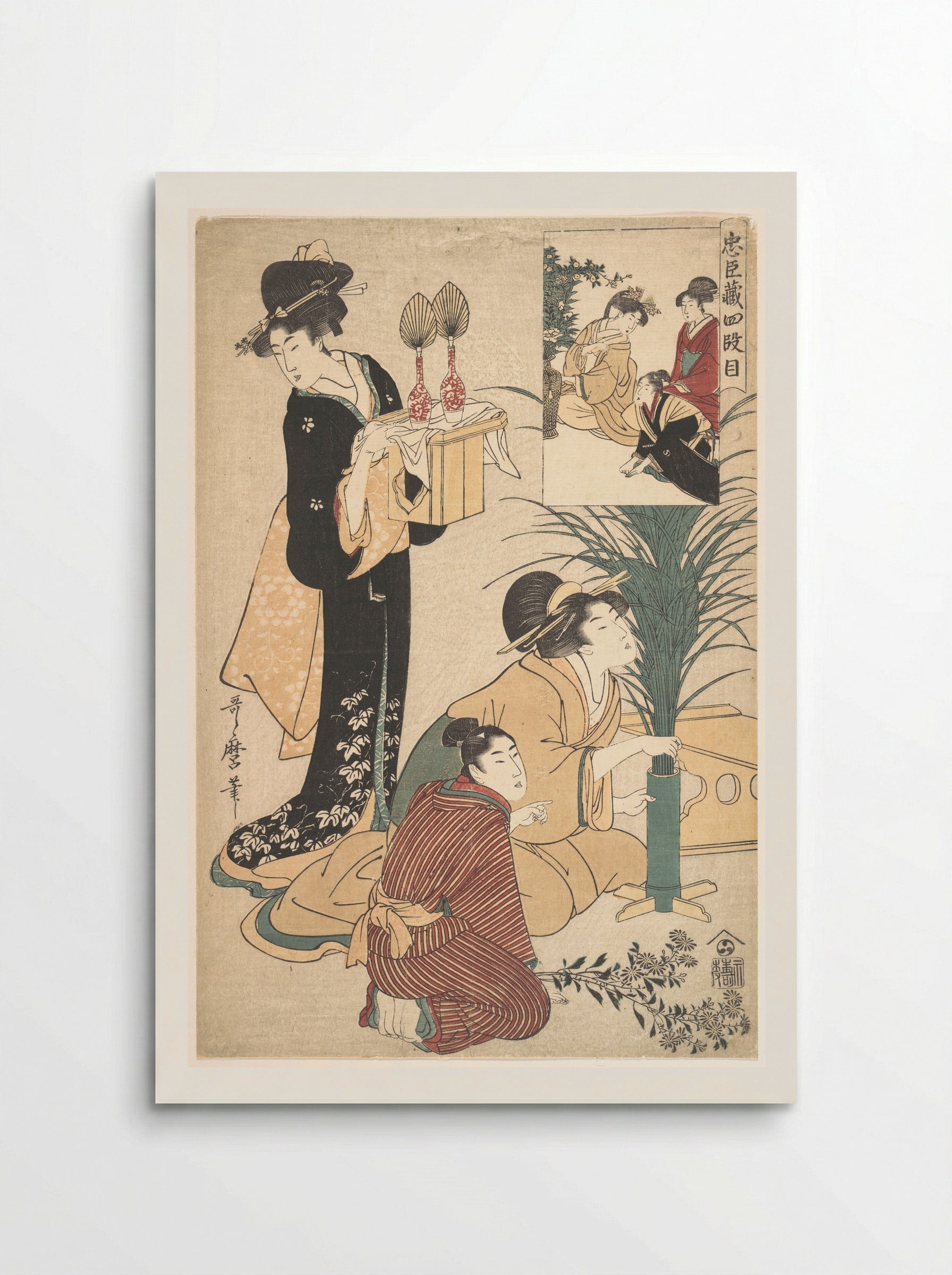 A Woman and a Man Arranging Flowers for the Tsukimi (Moon Festival) - Kitagawa Utamaro - Poster