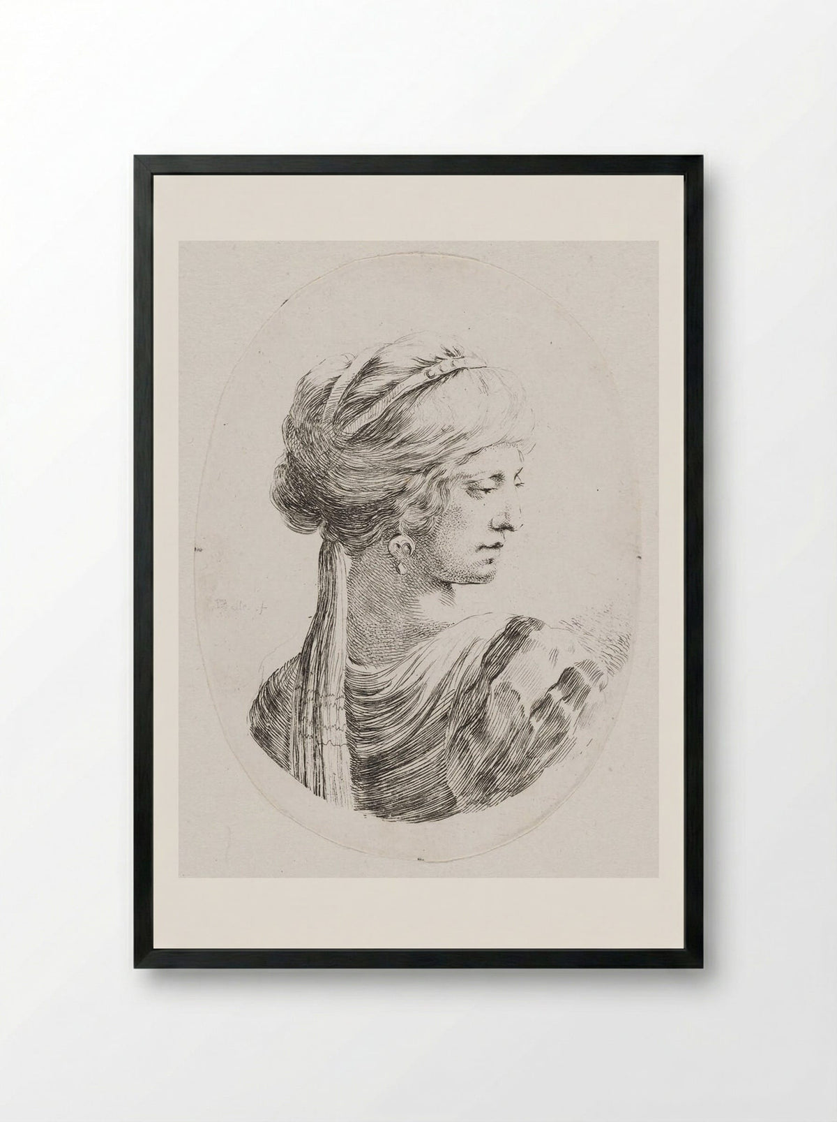 A Woman with Her Hair Bound with a Long Scarf - Stefano Della Bella - Framed Print Black