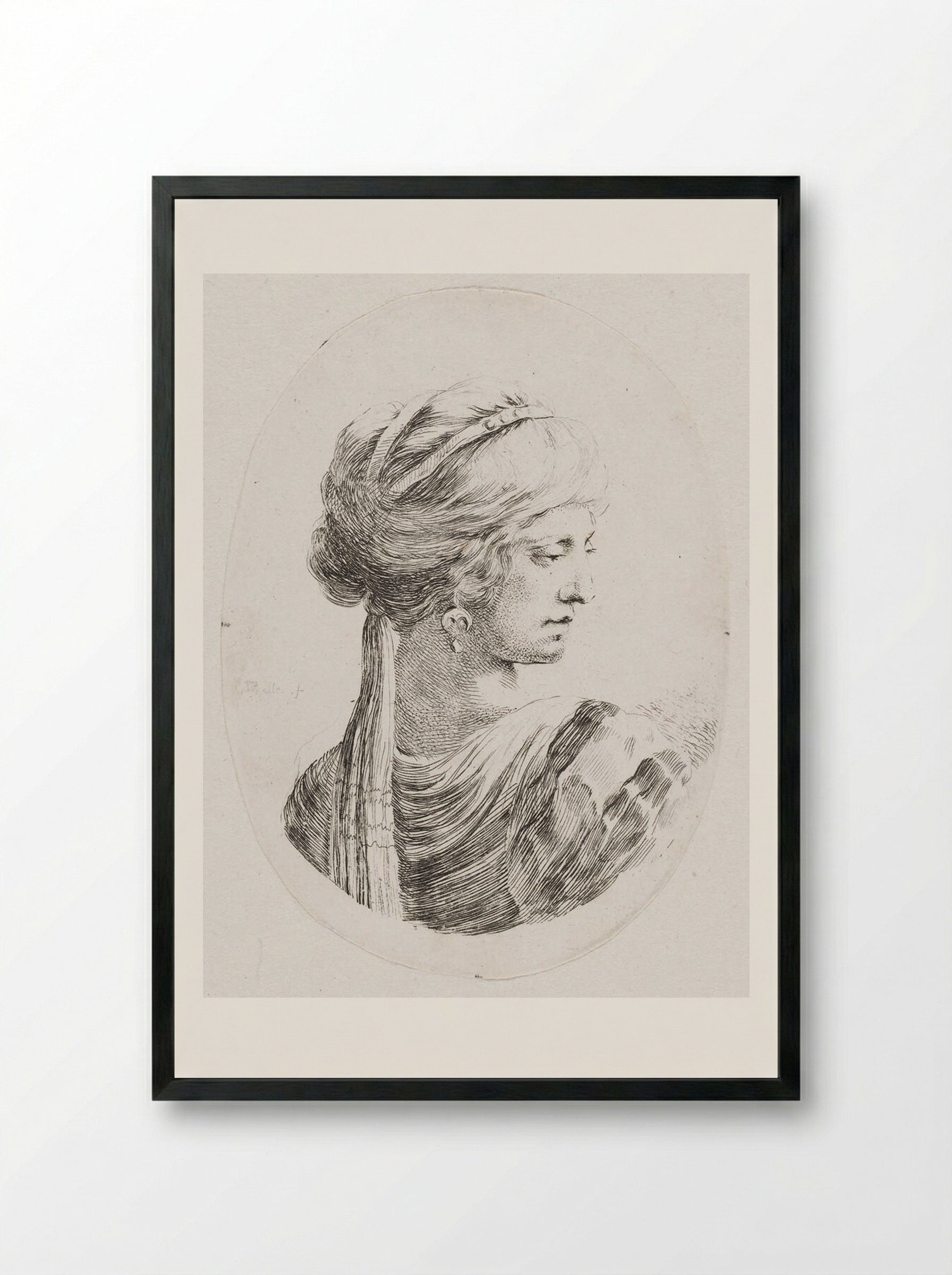 A Woman with Her Hair Bound with a Long Scarf - Stefano Della Bella - Framed Print Black