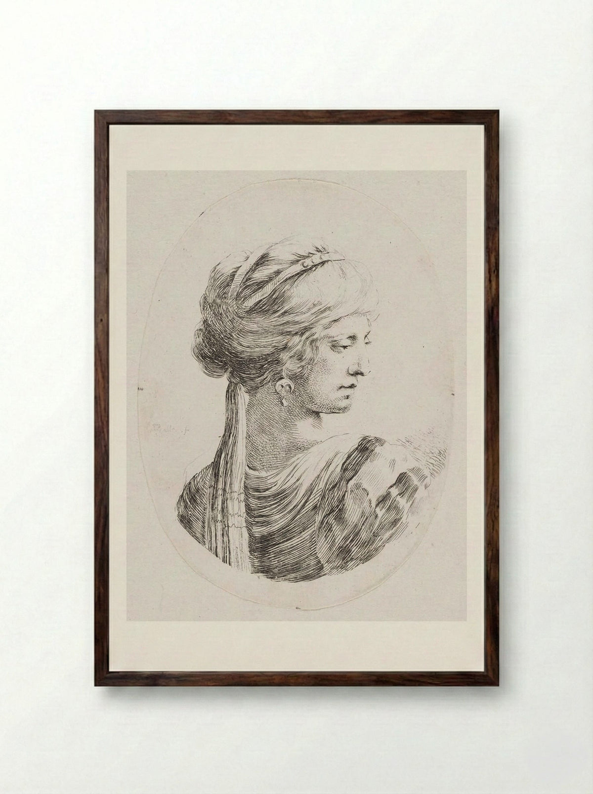 A Woman with Her Hair Bound with a Long Scarf - Stefano Della Bella - Framed Print Dark Wood