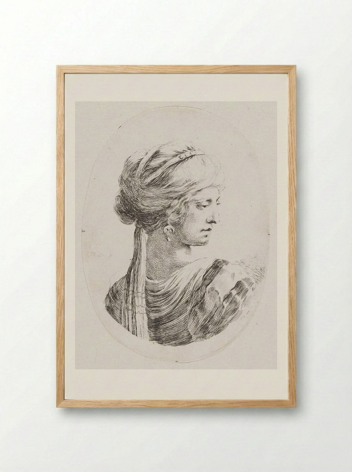 A Woman with Her Hair Bound with a Long Scarf - Stefano Della Bella - Framed Print Wood