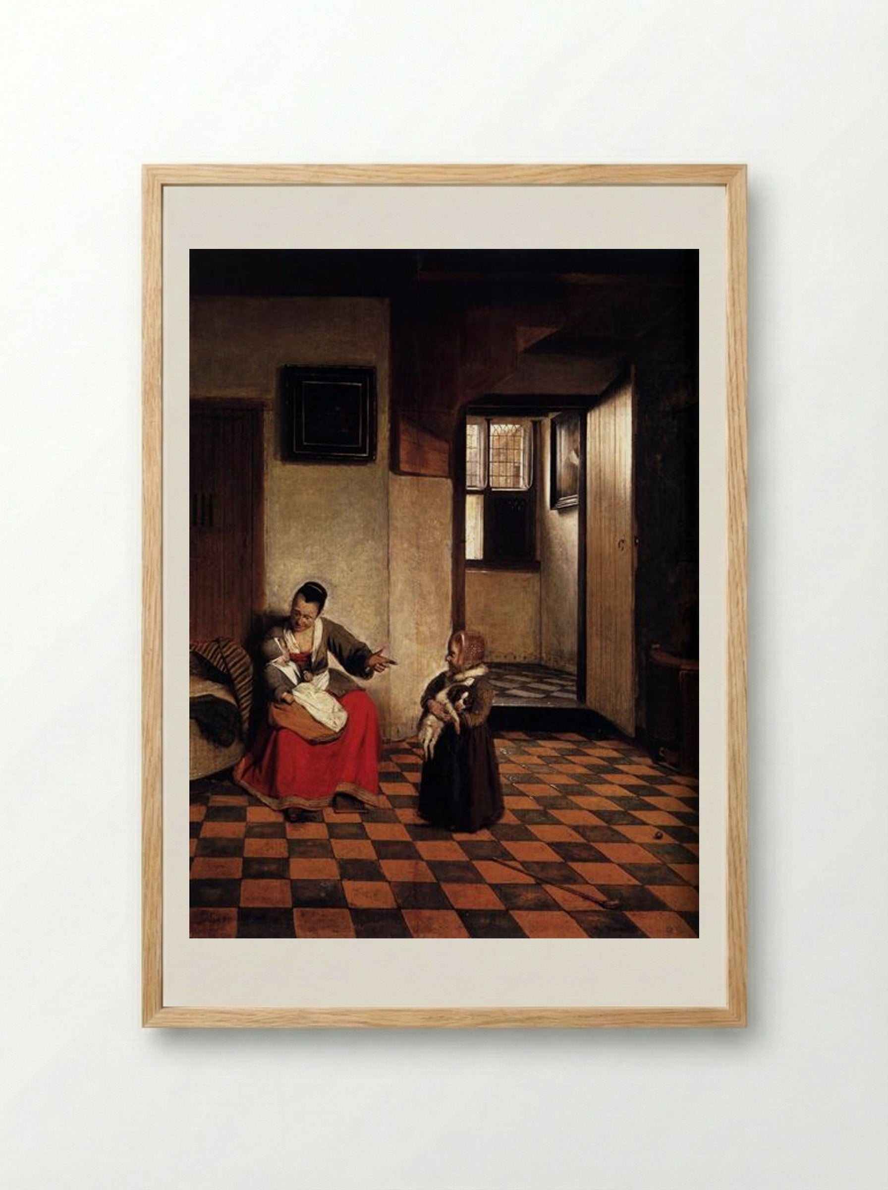 A Woman with a Baby in Her Lap, and a Small Child - Pieter de Hooch - Framed Print Wood