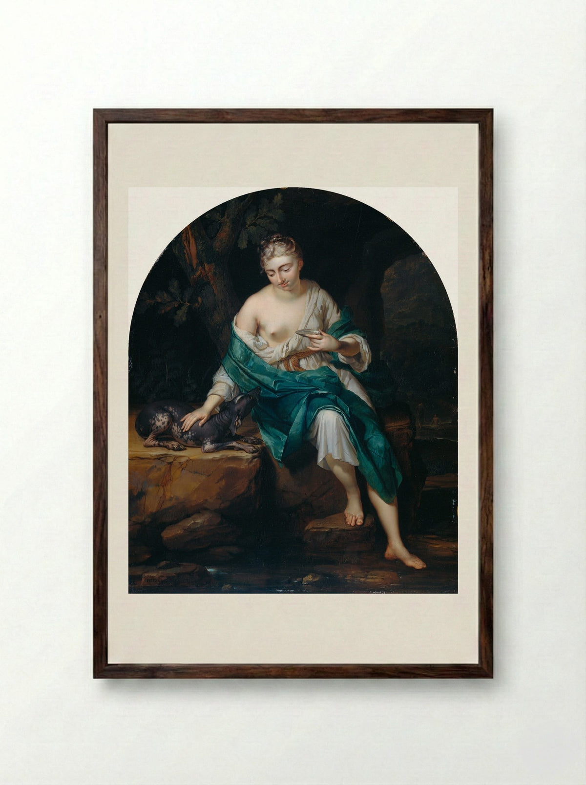 A Woman with a Dog - Herman van der Mijn - Framed Print Dark Wood
